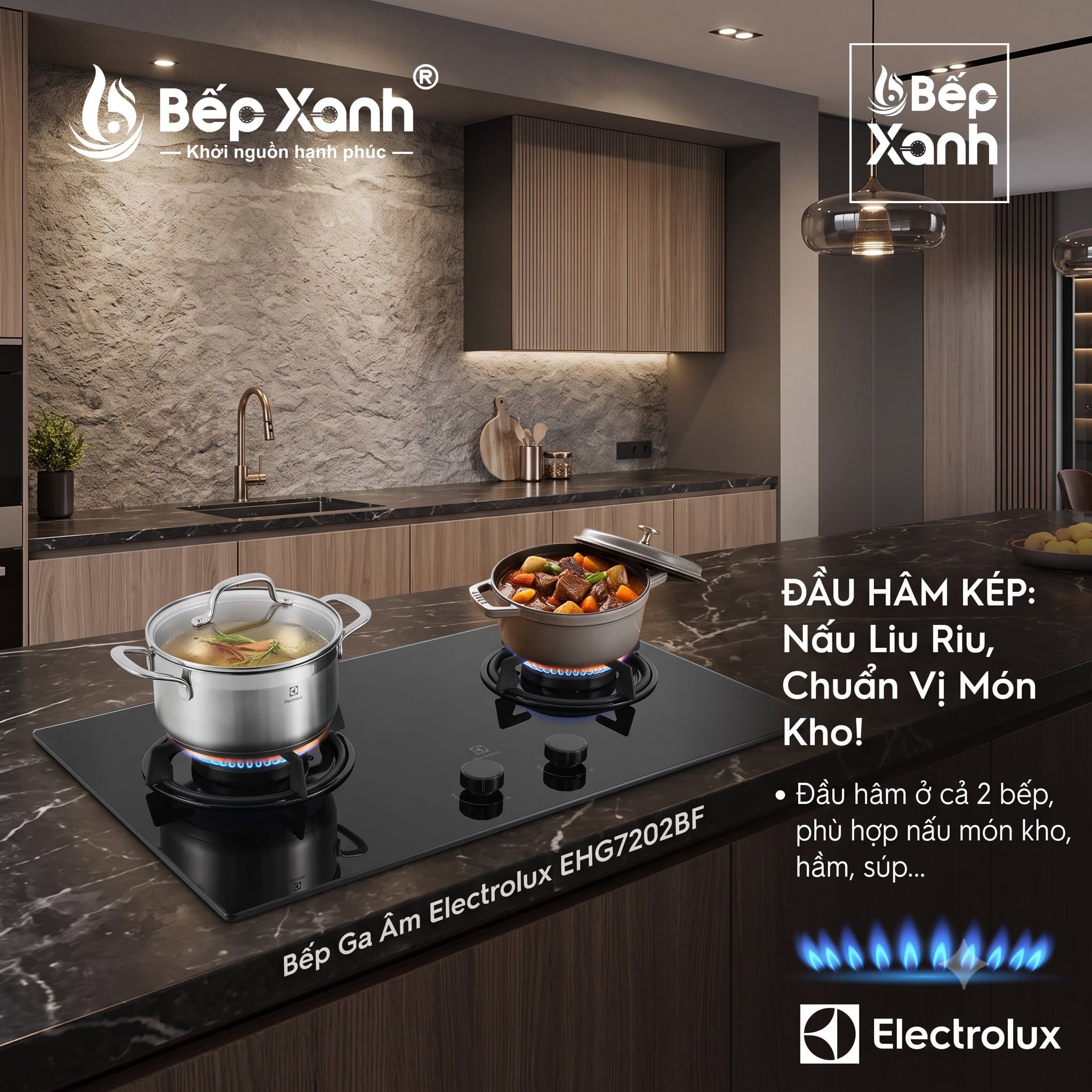  Bếp Ga Âm Đôi Electrolux 80cm Chính Hãng - EHG7202BF - Đánh Lửa IC - Thiết kế đẹp, hiện đại, nấu nhanh 