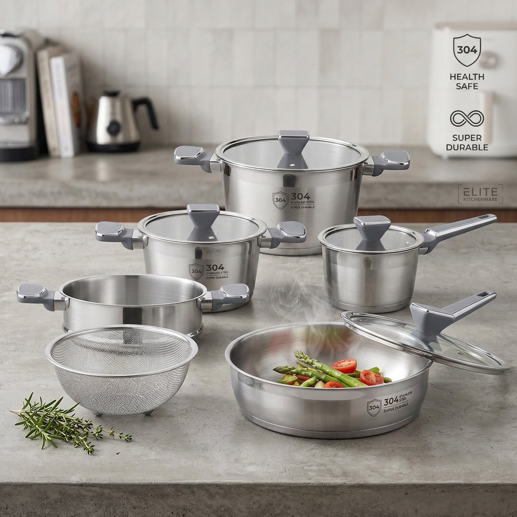 Bộ Nồi Chảo Inox 10 Món Cao Cấp Ecalite ERW-SA6010 - Dùng Cho Mọi Loại Bếp, Inox 304 Sáng Bóng – ảnh 3