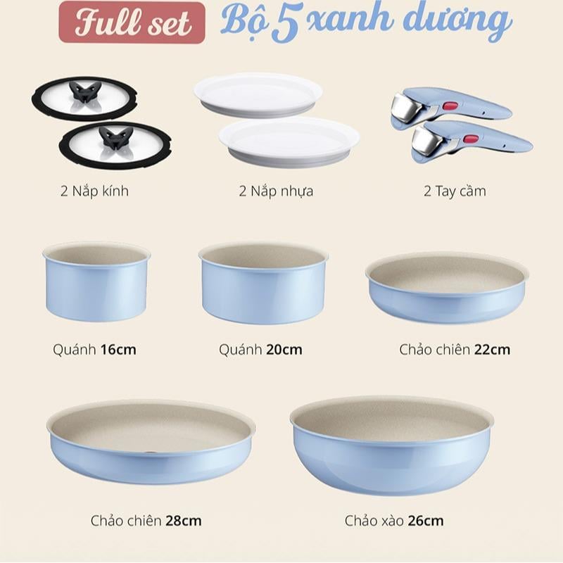 Bộ 5 nồi chảo 2 cán rời Tefal Ingenio Serenity L827SB04, 16/20/22/26/28cm, 4 nắp 16/20, xanh dương – ảnh 7
