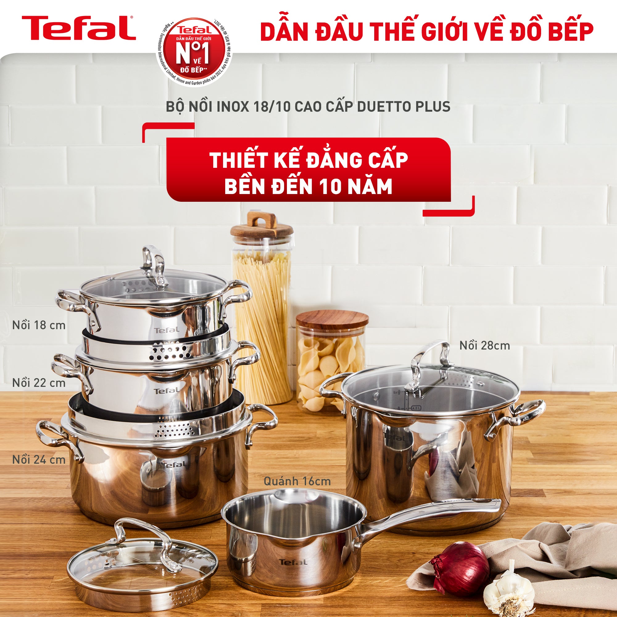 Bộ 5 nồi Inox cao cấp Tefal Duetto Plus, quánh 16cm/nồi 18cm/nồi 20/nồi 22cm/nồi 24cm