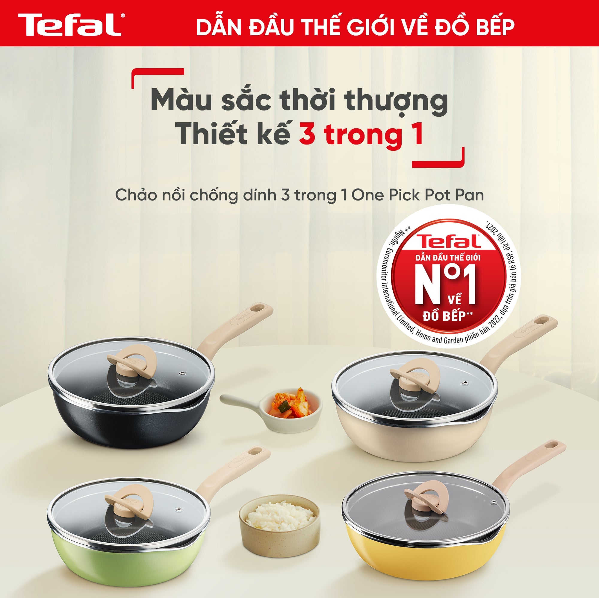 Chảo nồi có nắp đa năng 3 trong 1 Tefal - 22cm, xanh/đen/vàng/vanila – ảnh 8