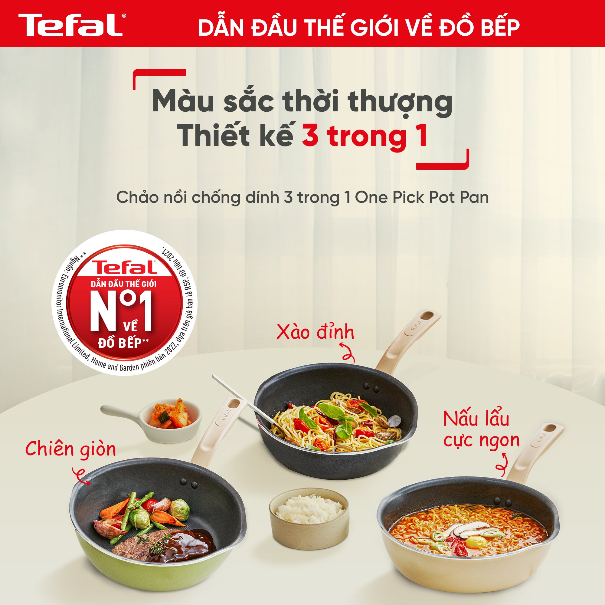 Chảo nồi có nắp đa năng 3 trong 1 Tefal - 24cm, đen/xanh/vanila