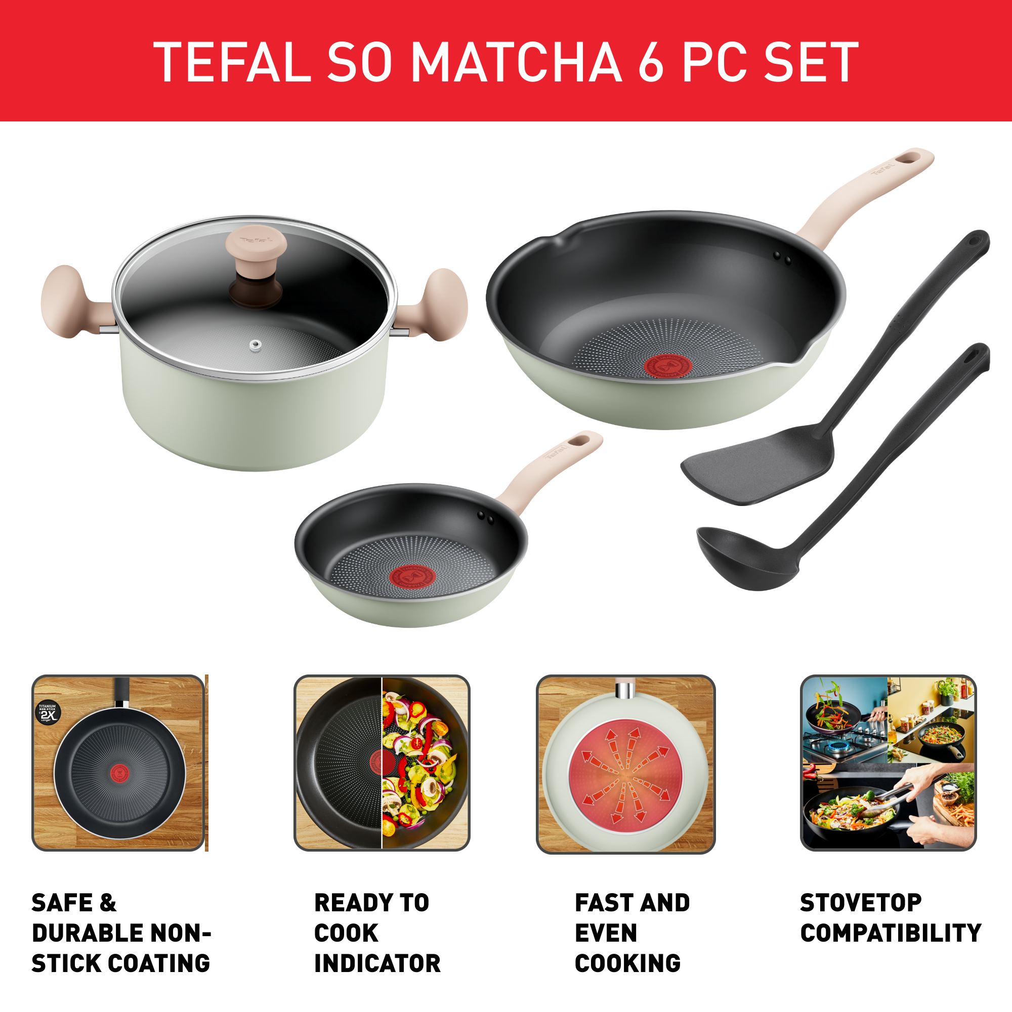 Bộ chảo 20cm, chảo sâu 28cm, nồi 24, xẻng, vá Tefal G179S695 – ảnh 2