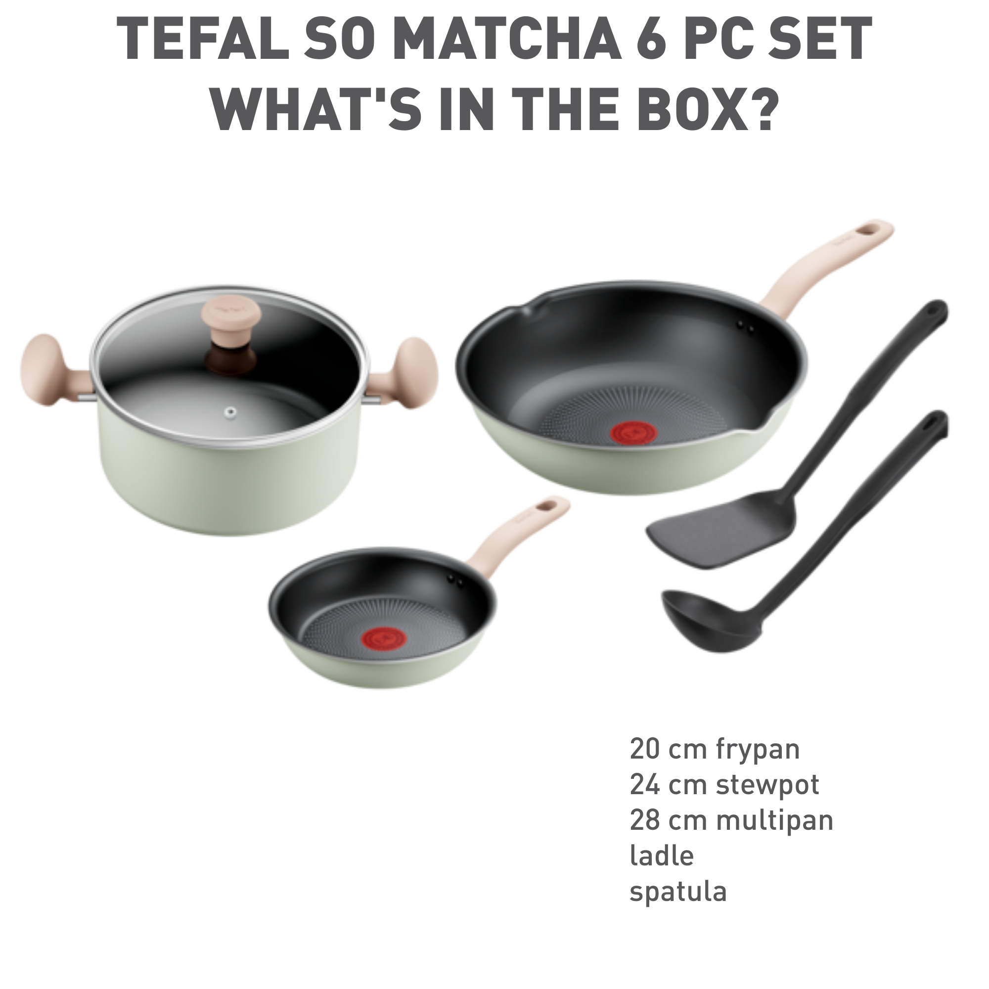 Bộ chảo 20cm, chảo sâu 28cm, nồi 24, xẻng, vá Tefal G179S695