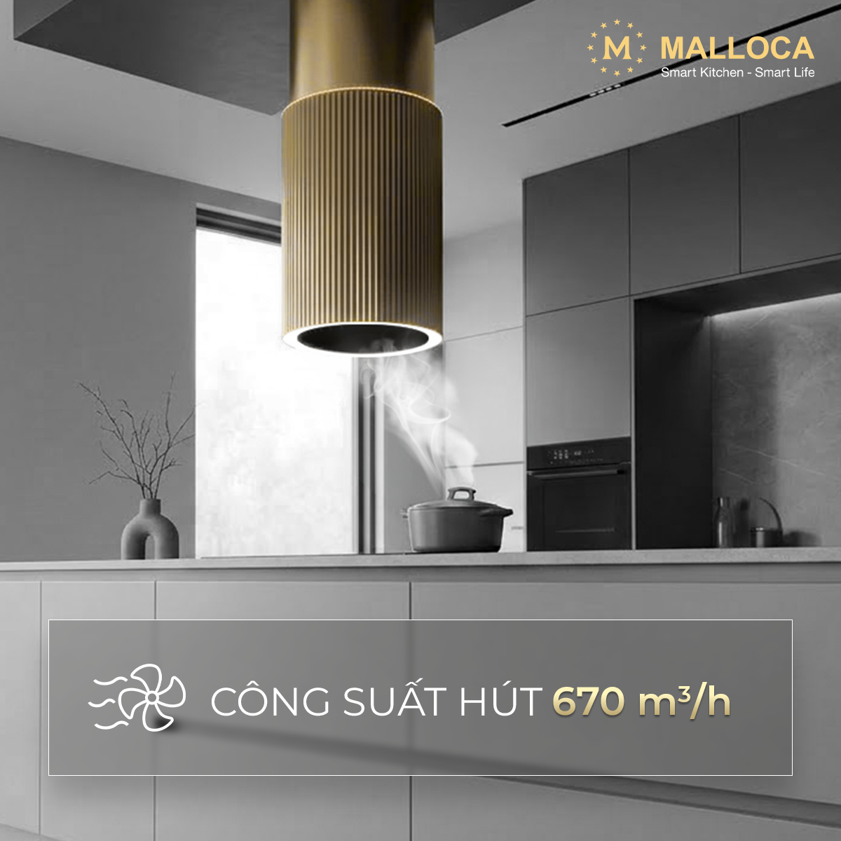 Máy hút mùi đảo 38cm Malloca Monogold K382G - Điều khiển đa năng và ánh sáng ấm – lạnh Máy hút mùi đảo 38cm Malloca Monogold K382G - Điều khiển đa năng và ánh sáng ấm – lạnh