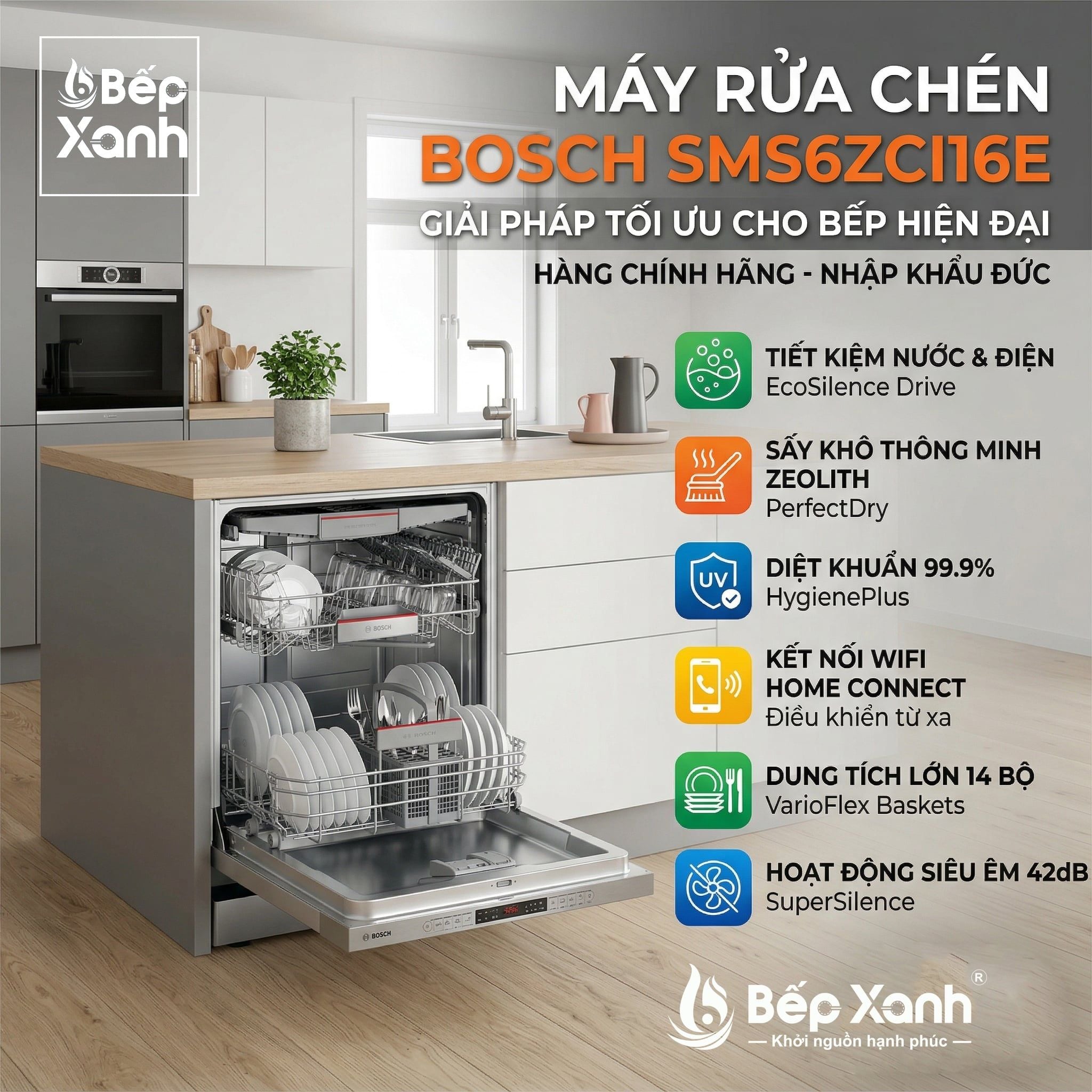  SMS6ZCI16E | Máy rửa chén độc lập Bosch Series 6, sấy Zeolith 