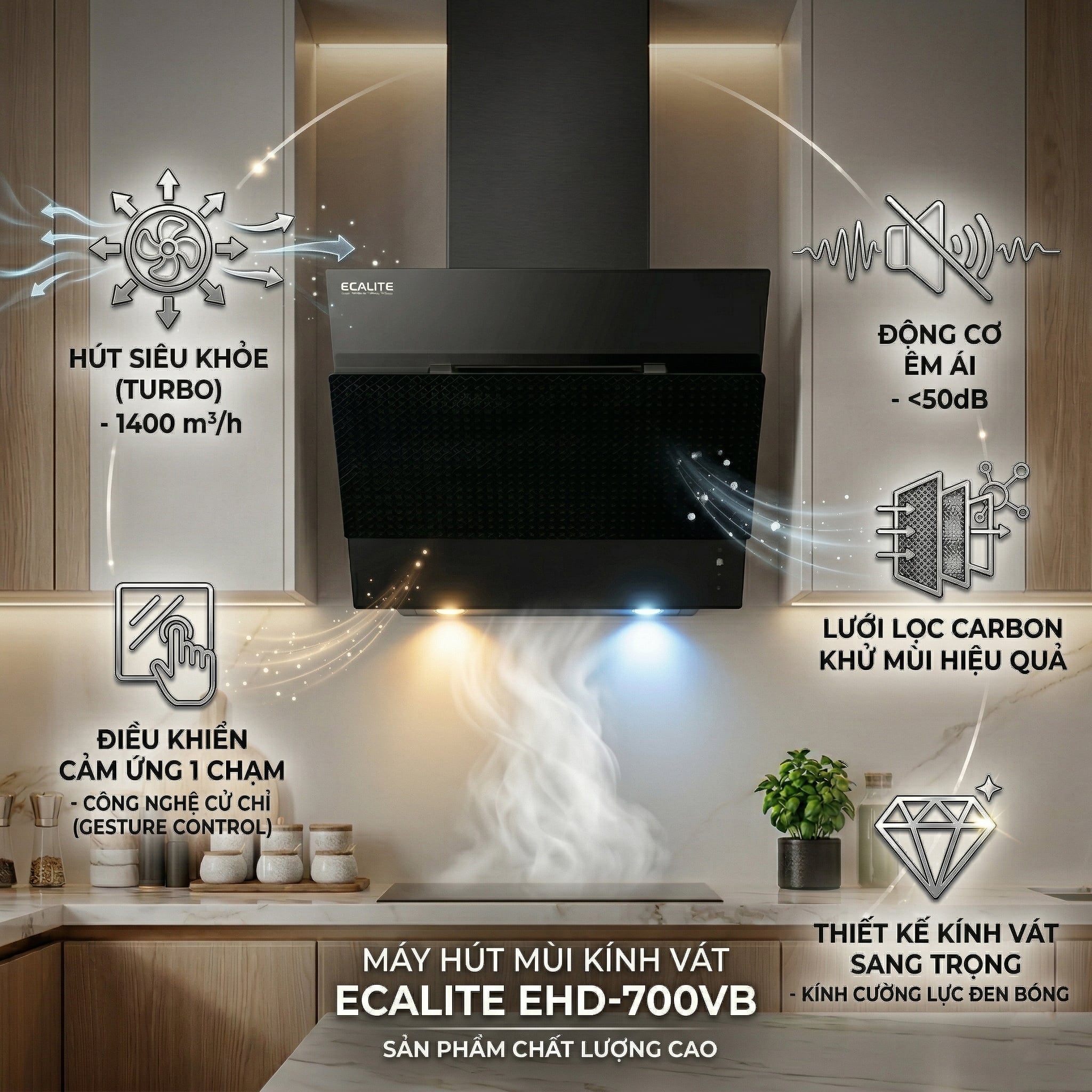 Máy hút mùi áp tường 70cm kính vát D-Smart Ecalite EHD-700VB – ảnh 7