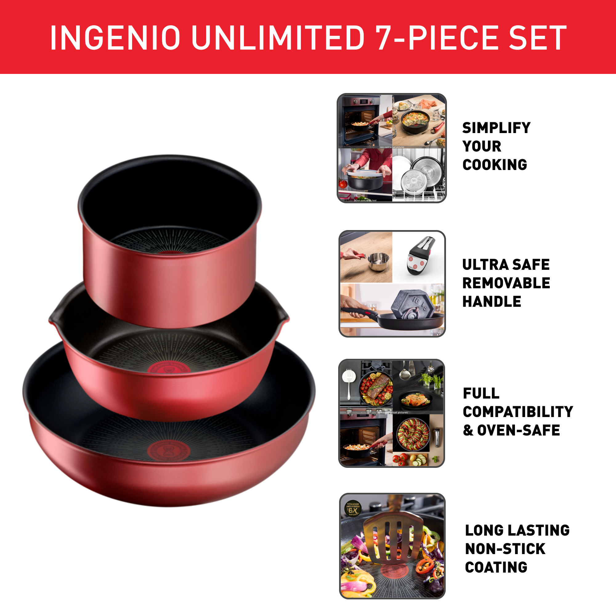 Bộ 3 nồi chảo cán rời kèm 3 nắp kính Tefal Ingenio Unlimited L7909093, 18cm/22cm/chảo 26cm