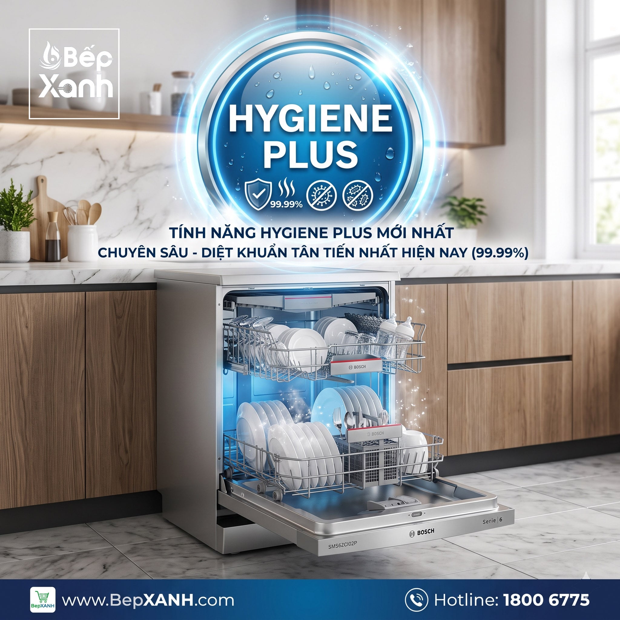Máy rửa chén Bosch SMS6ZCI02P độc lập Series 6, sấy Zeolith, Hygenie Plus trong không gian sống