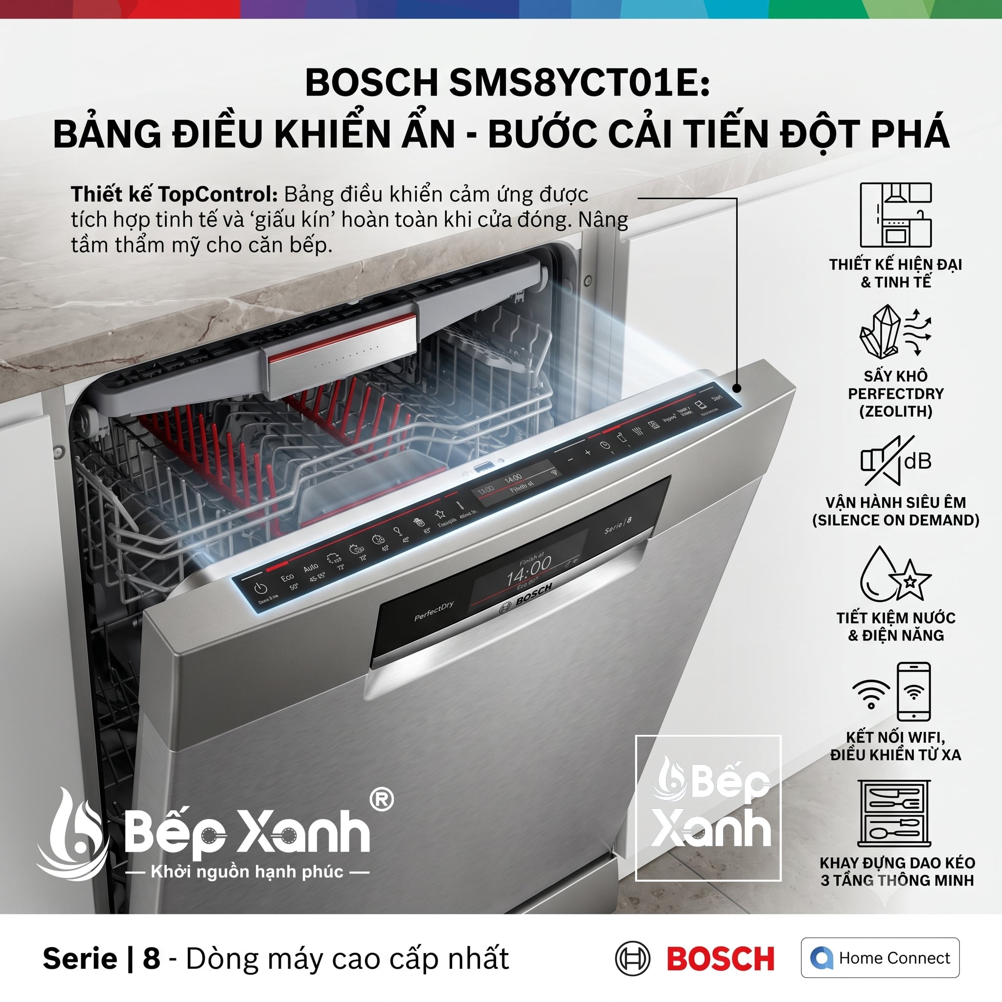 Máy rửa chén Bosch SMS8YCI01E độc lập series 8, đỉnh cao, sấy Zeolith
