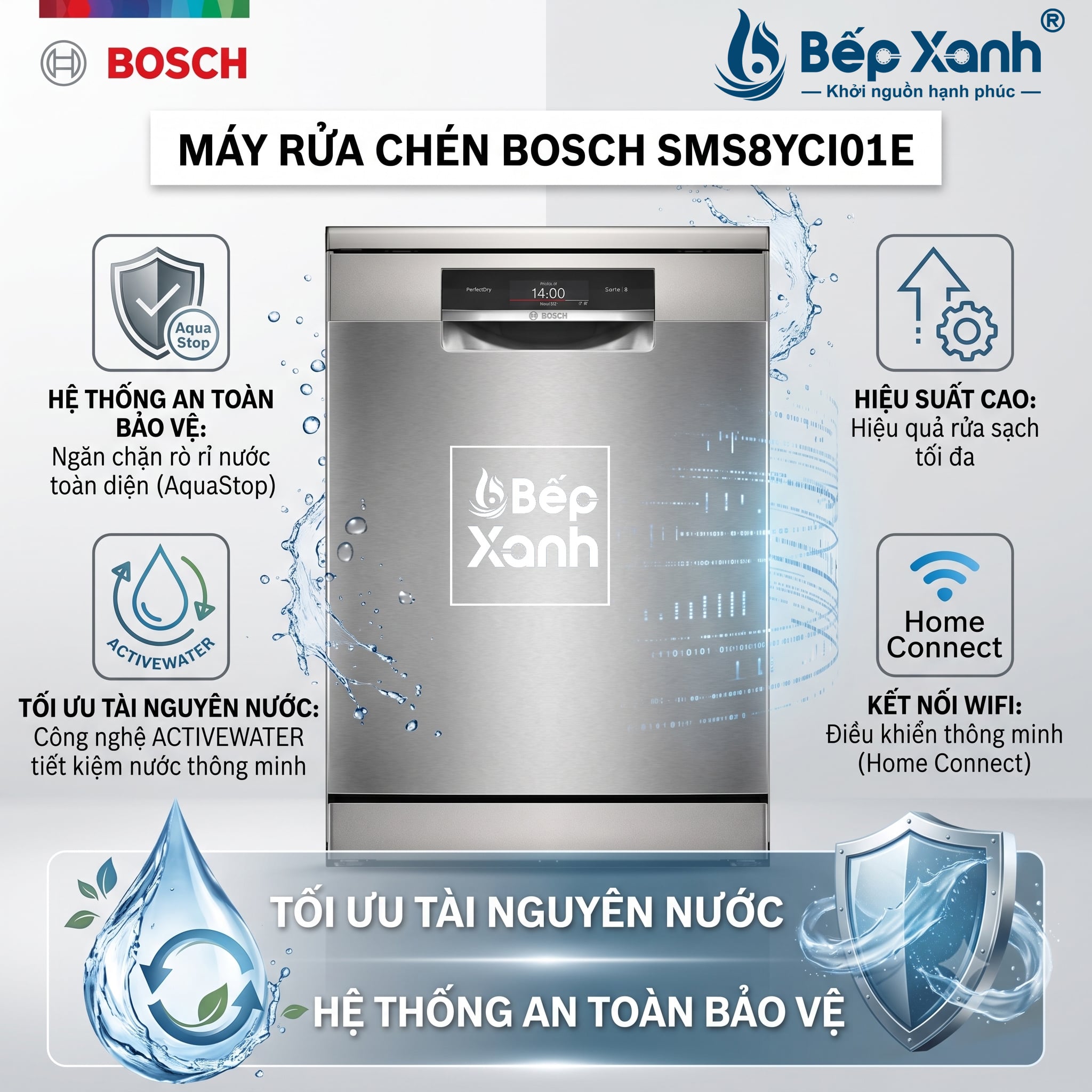 Máy rửa chén Bosch SMS8YCI01E độc lập series 8, đỉnh cao, sấy Zeolith trong không gian sống