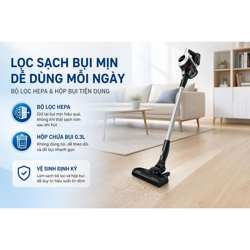 Lực hút trên 10.000 Pa – Máy hút bụi Bosch BCS61113 không dây