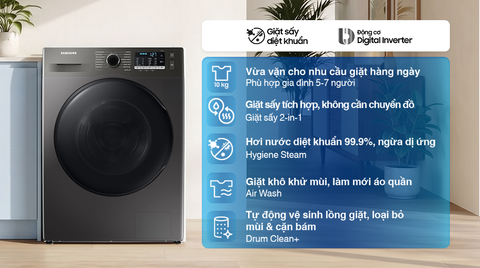 Máy giặt sấy Samsung Ecobubble Inverter giặt 10 kg - sấy 6 kg WD10HG4U04BBSV