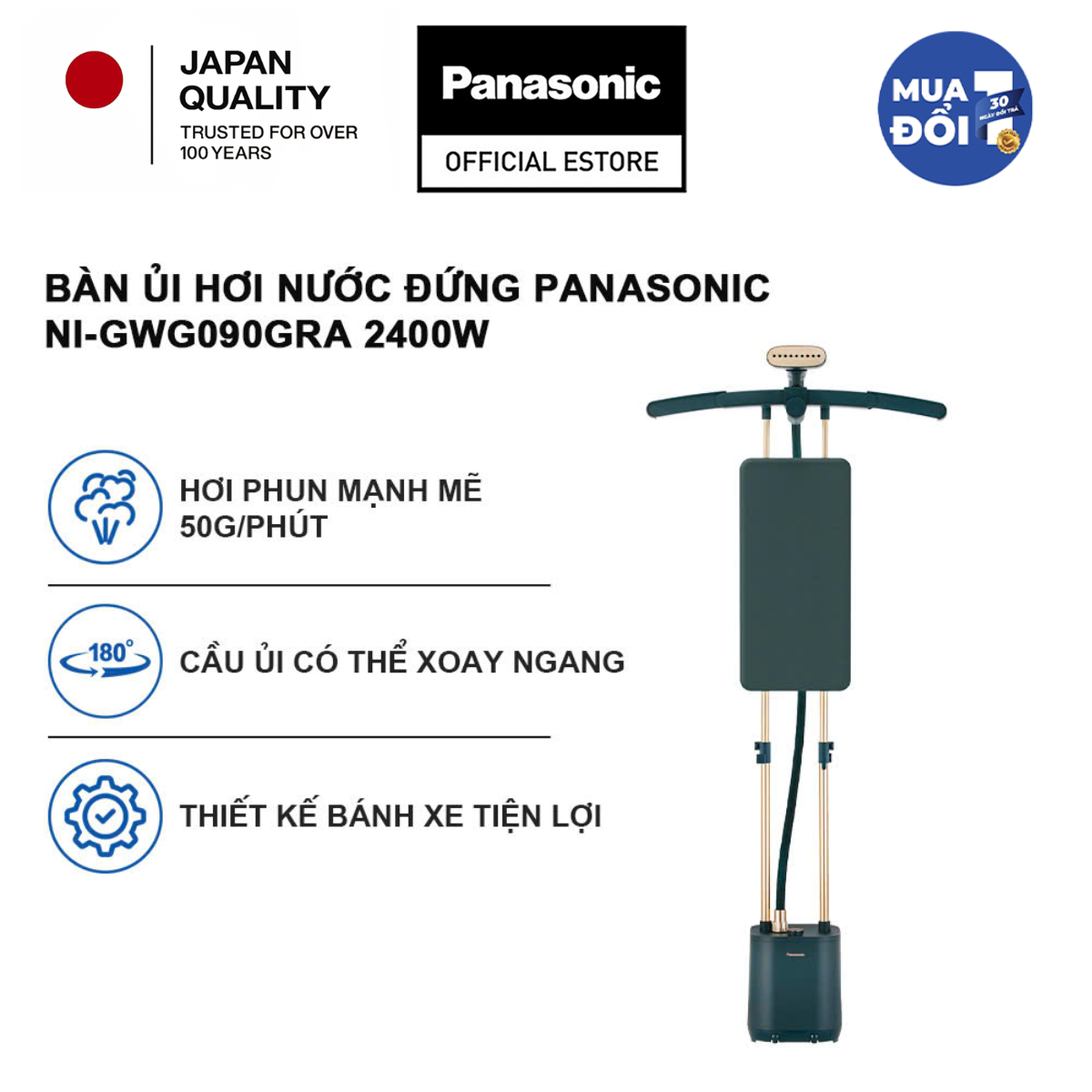 Bàn ủi cây công suất cao đến 2400 W* cùng móc treo mở rộng giúp ủi phẳng linh hoạt nhanh chóng Panasonic NI-GWG090GRA – ảnh 3