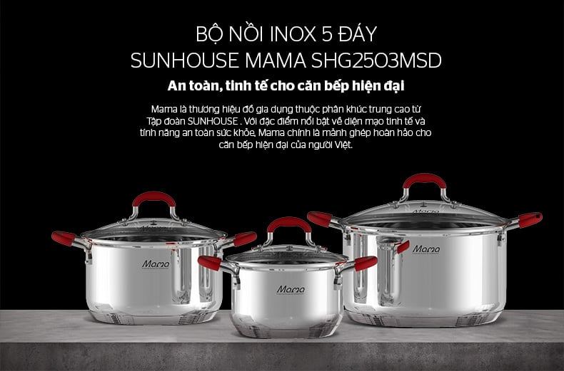 Bộ nồi inox 5 đáy Sunhouse Mama SHG2503MSD – ảnh 8