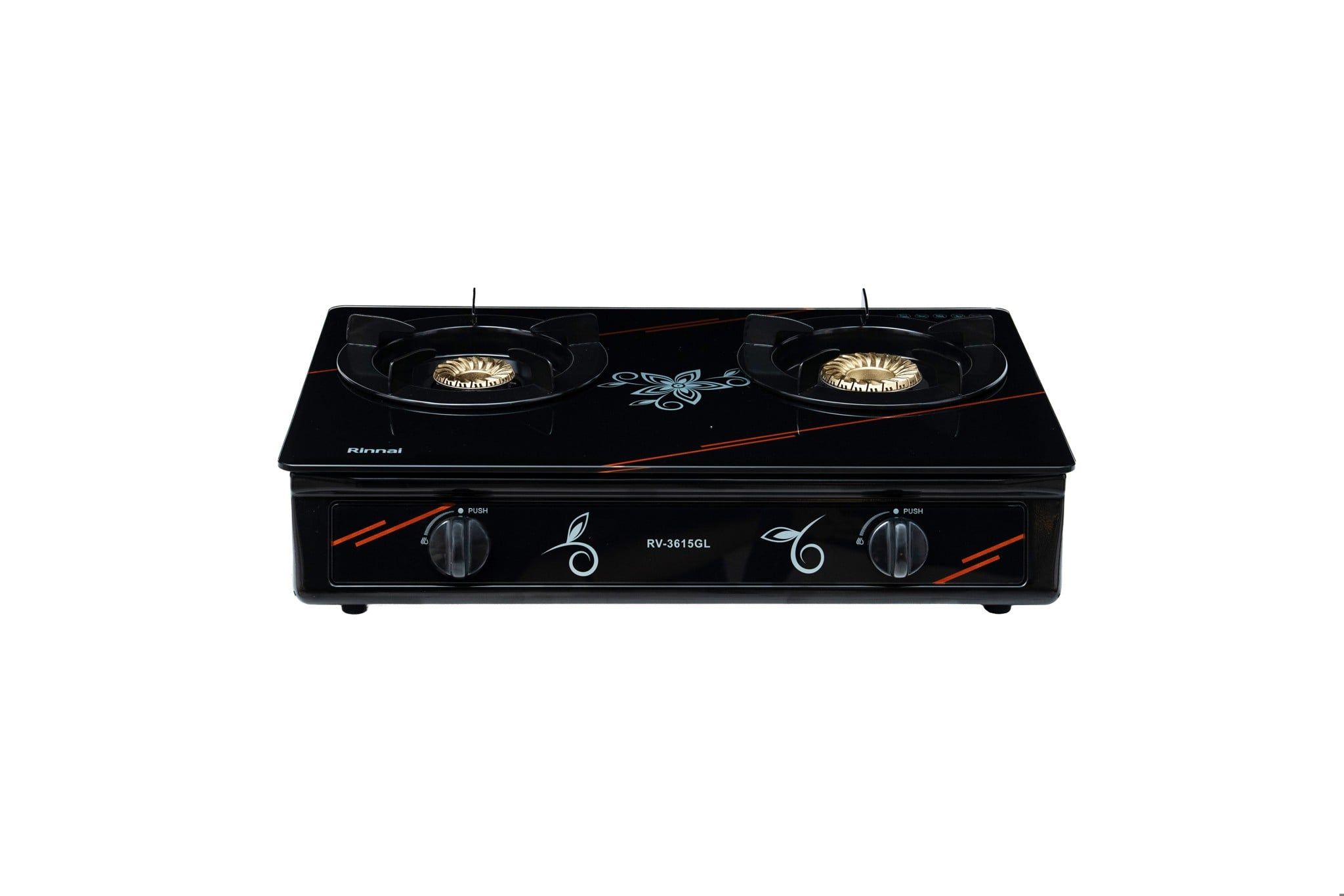  Bếp gas dương Rinnai RV-3615GL(FM) 599mm 2 lò nấu, mặt kính cường lực 