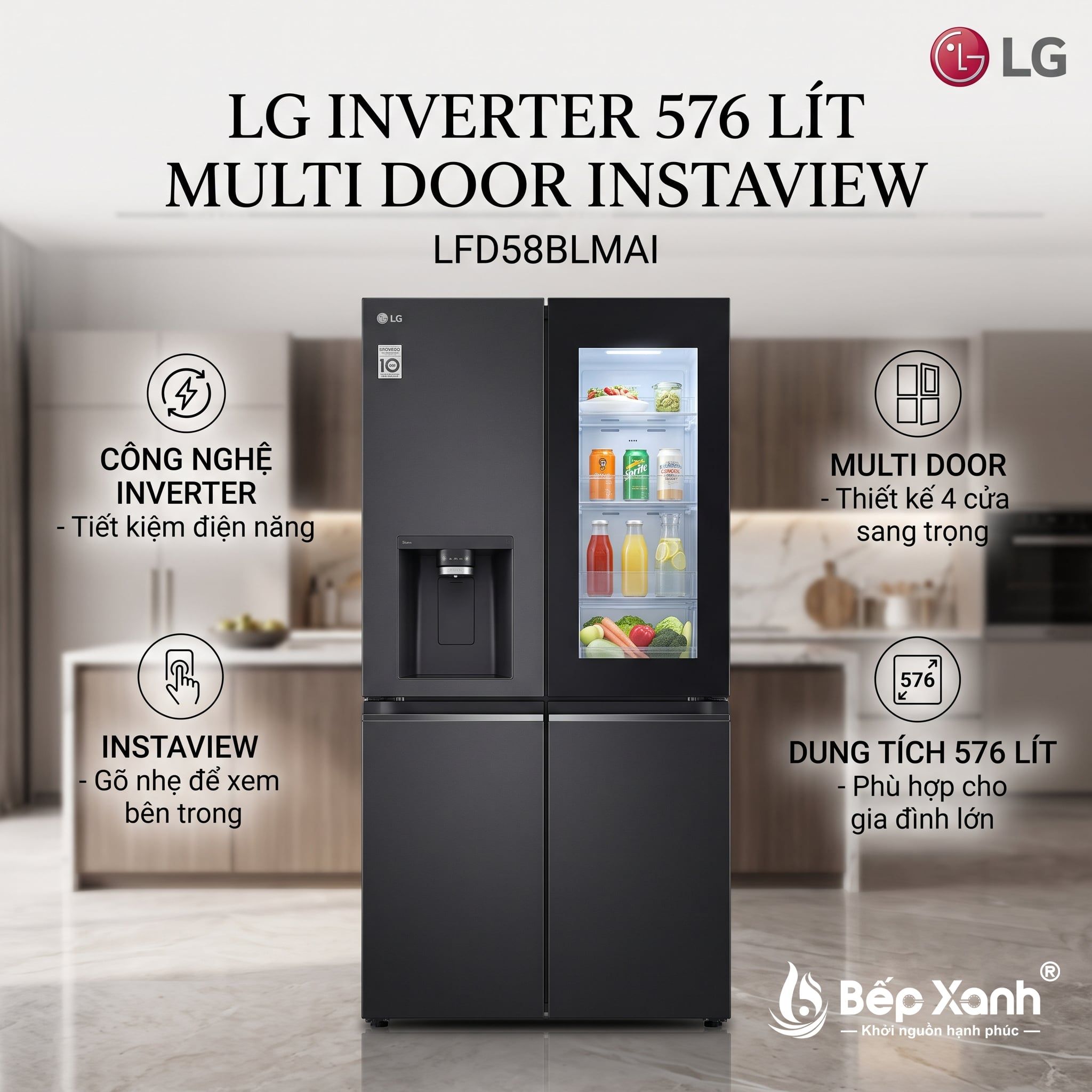  Tủ lạnh LG Inverter 576 lít Multi Door InstaView LFD58BLMAI 