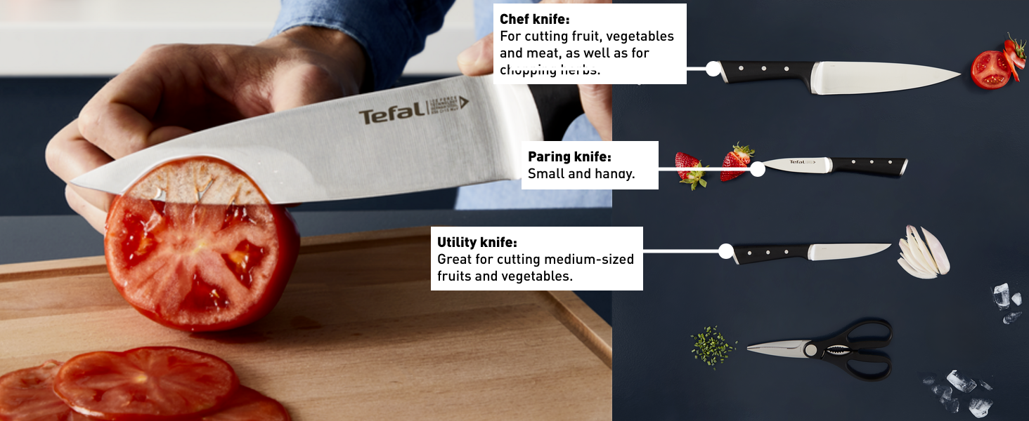 Bộ dao kéo thép Đức 4 món và kệ dao gỗ Tefal Ice Force K232S534, 9cm/11cm/20cm – ảnh 3