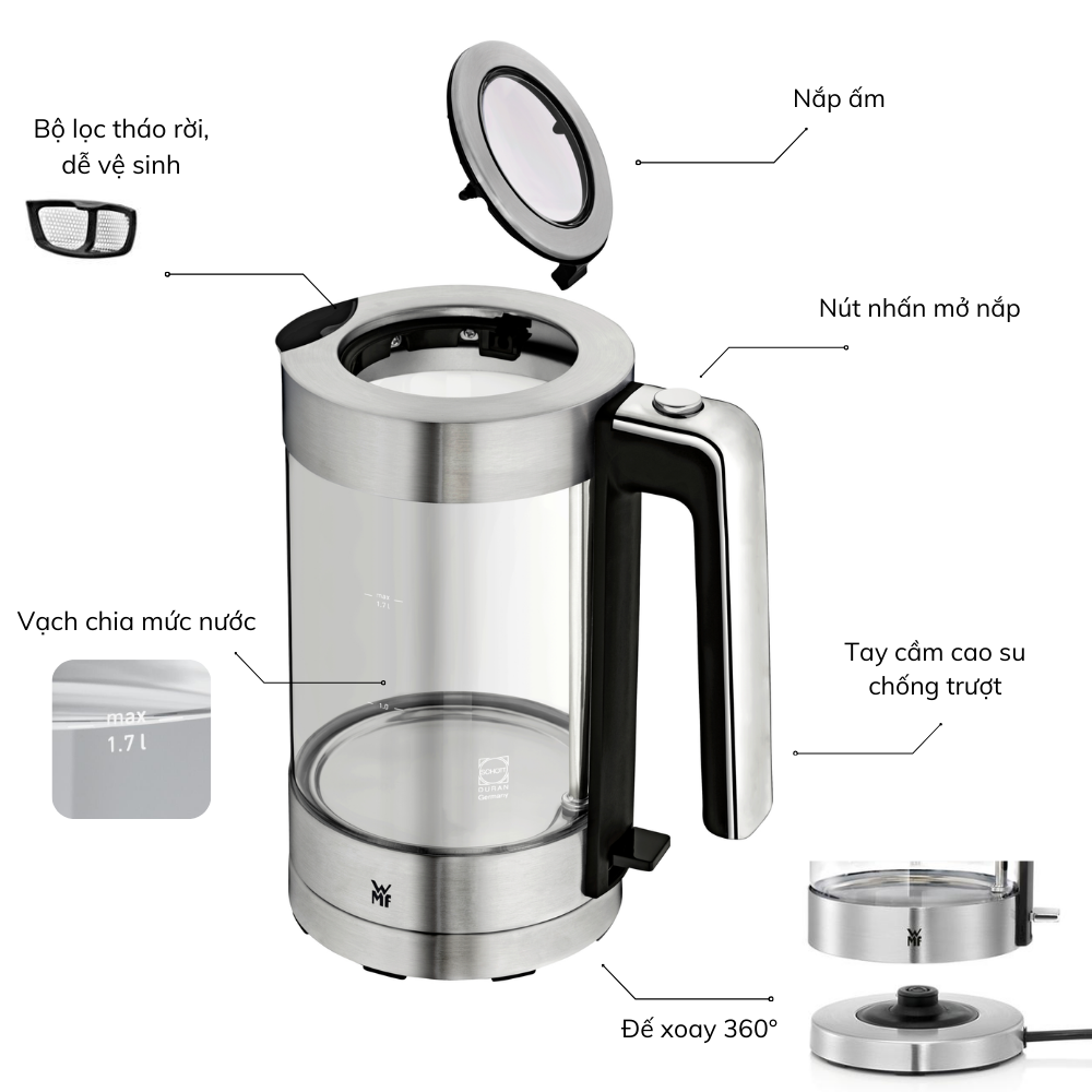 Ấm Siêu Tốc WMF Lono Glass Waserkocher 1.7L 04 1315 0011 – ảnh 5