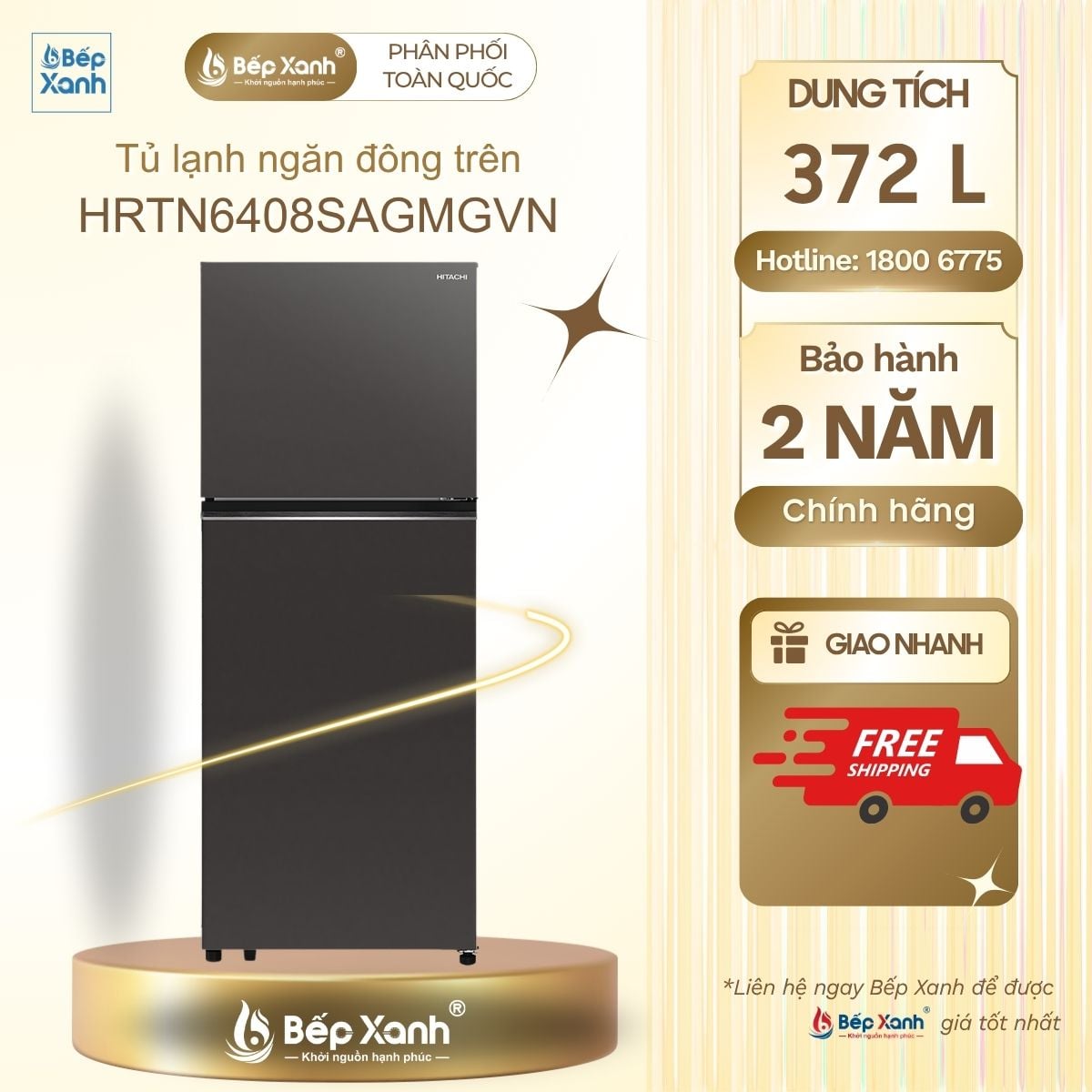 Tủ lạnh Hitachi HRTN6408SAGMGVN Inverter 372 lít ngăn đá trên Xám thủy tinh