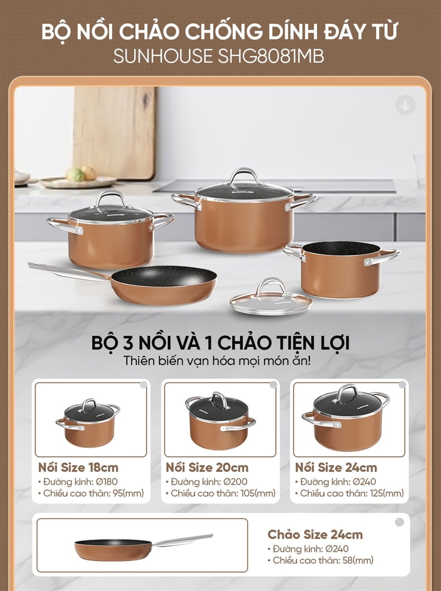 Bộ nồi chảo chống dính đáy từ Sunhouse SHG8081MB – ảnh 6