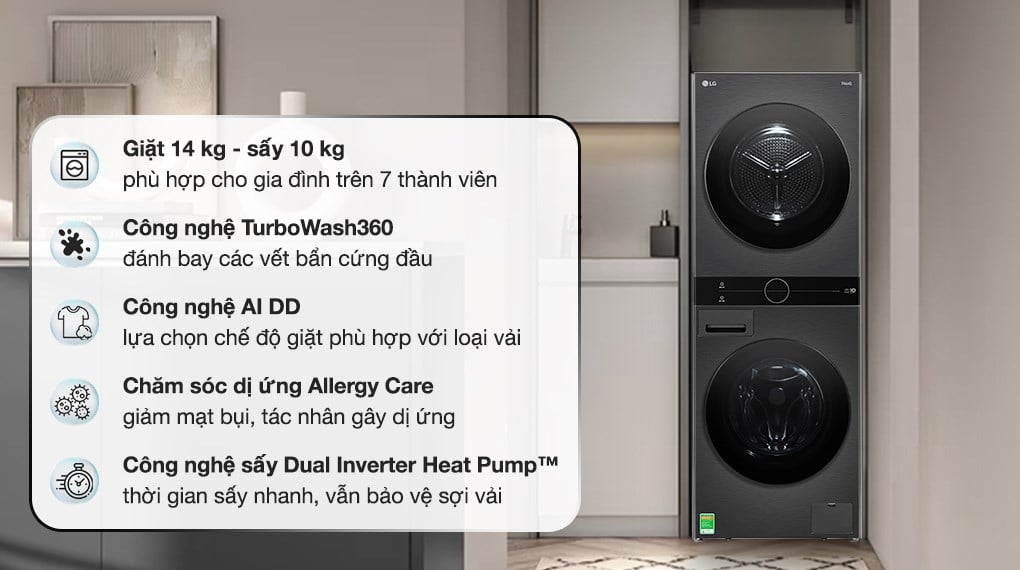 Tháp giặt sấy LG WashTower Inverter giặt 14 kg - sấy 10 kg WT1410NHB – ảnh 2