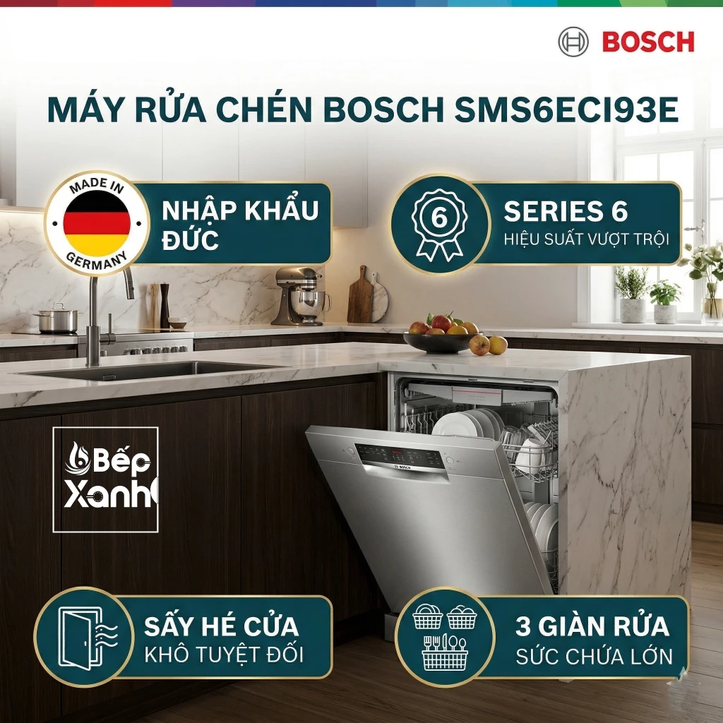 Êm 42 dB – Máy rửa chén Bosch SMS6ECI93E độc lập Series 6, sấy Hé cửa