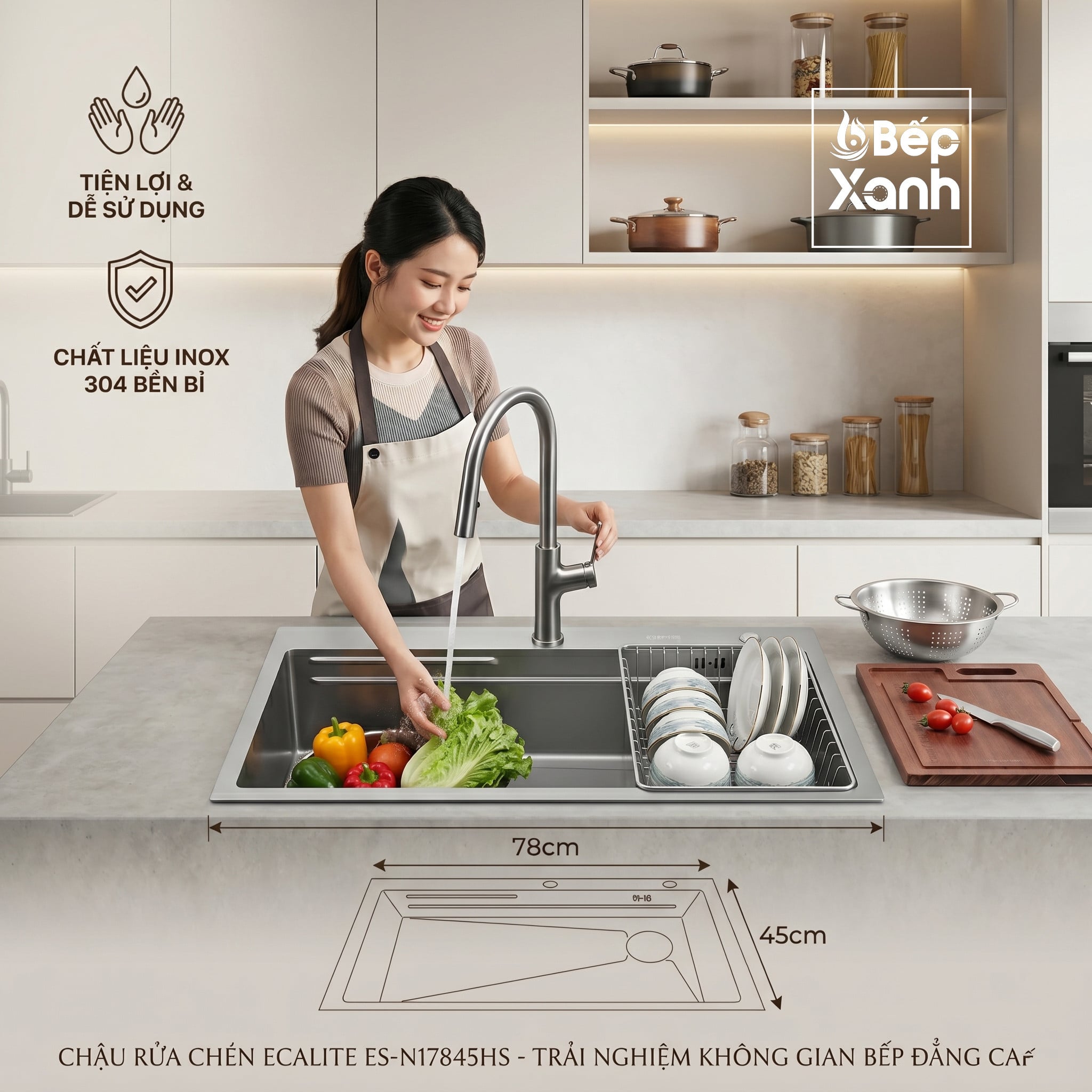 Chậu Rửa Chén Inox 1 Hộc Lớn Bertha Munual Sink Ecalite ES-N17845HS