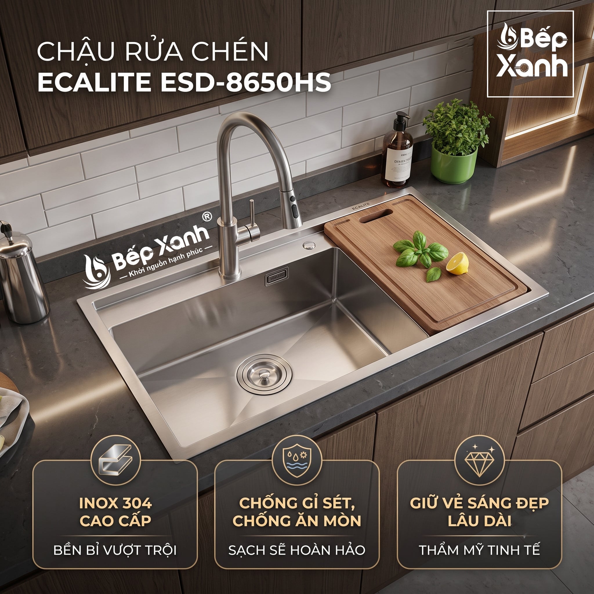 Chậu rửa chén 1 hộc lớn Vision Manual Sink Ecalite ESD-8650HS – ảnh 7