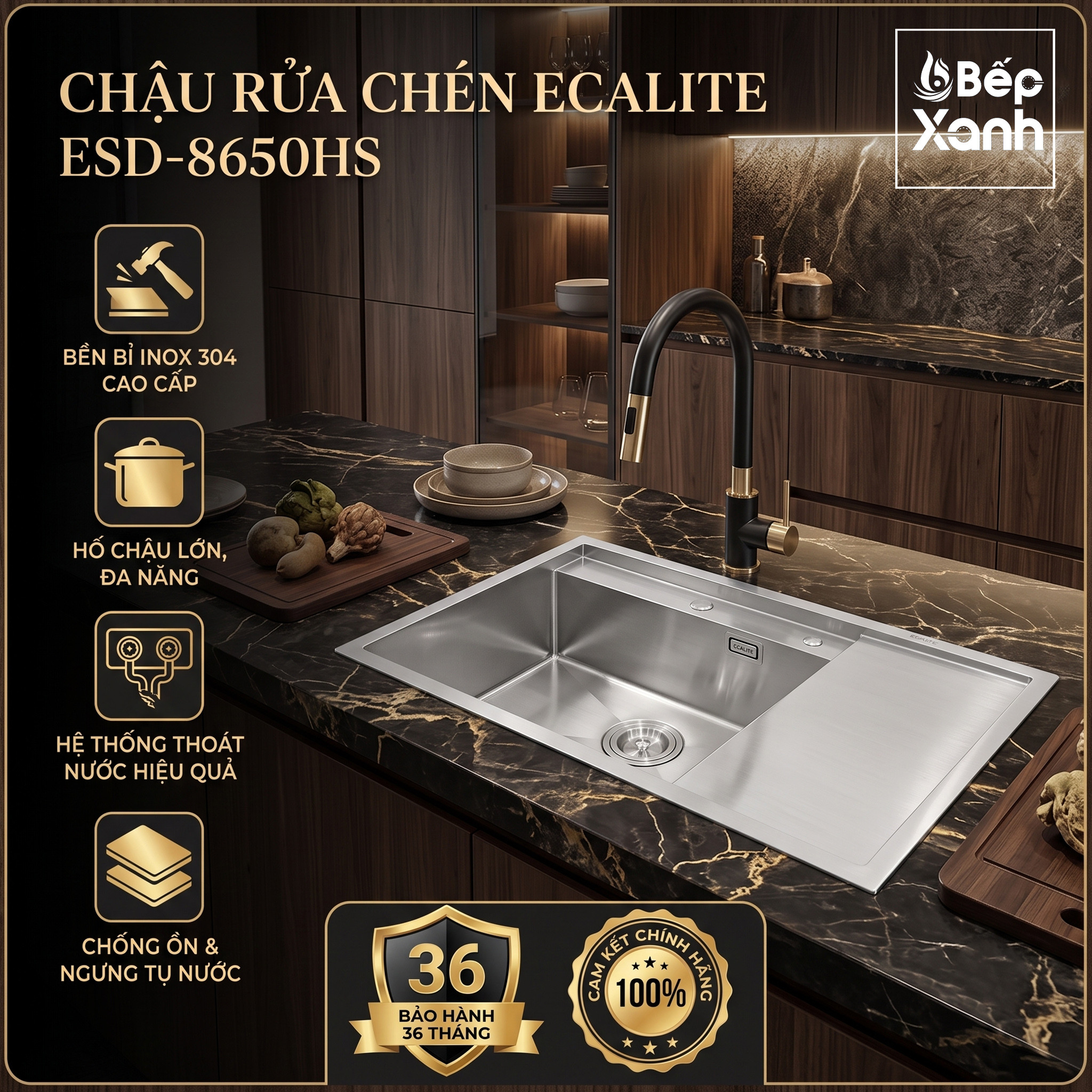 Chậu rửa chén 1 hộc lớn Vision Manual Sink Ecalite ESD-8650HS
