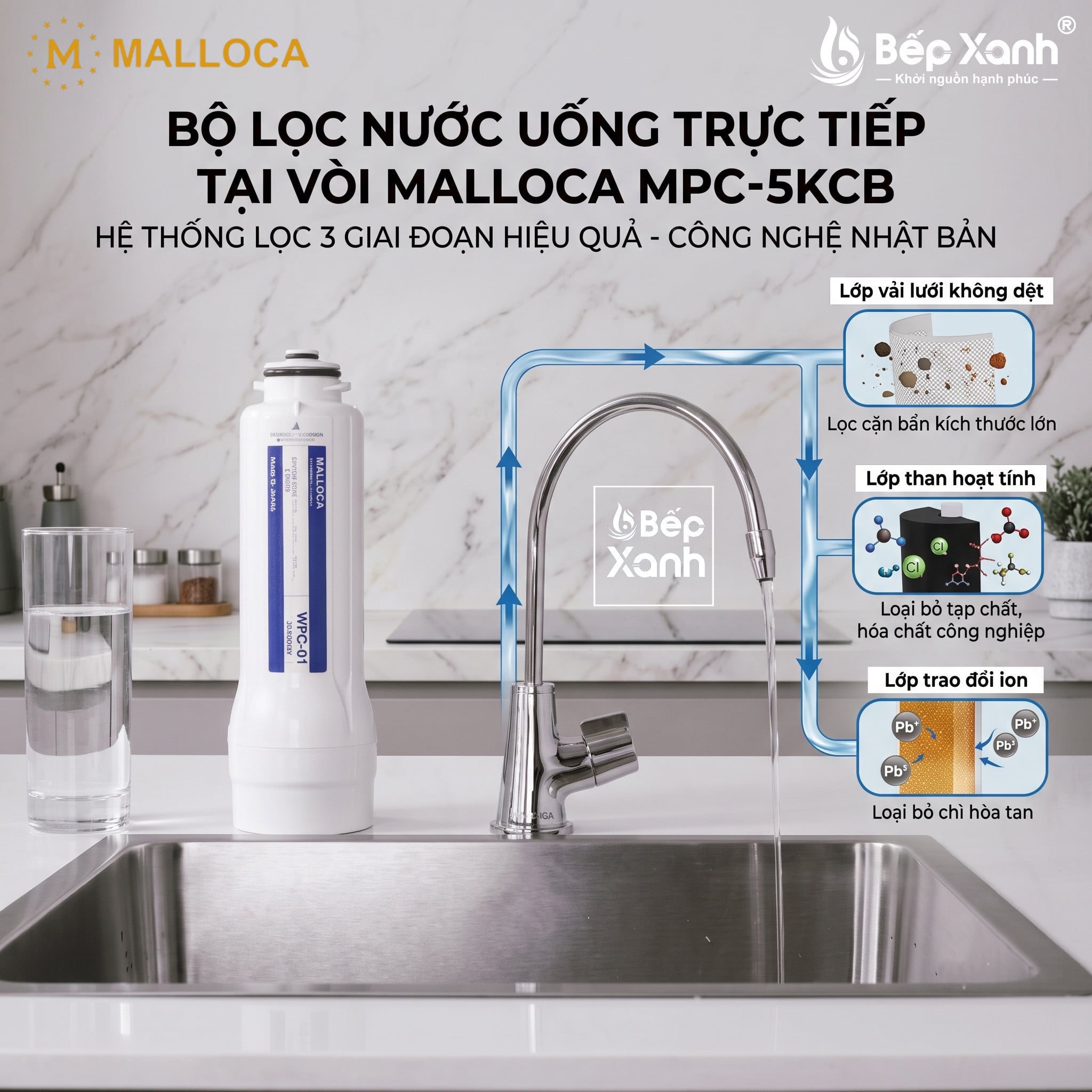 Máy lọc nước uống trực tiếp tại vòi Malloca MPC-5KCB - made in Japan - Lắp đặt máy lọc nước tại vòi Malloca MPC-5KCB