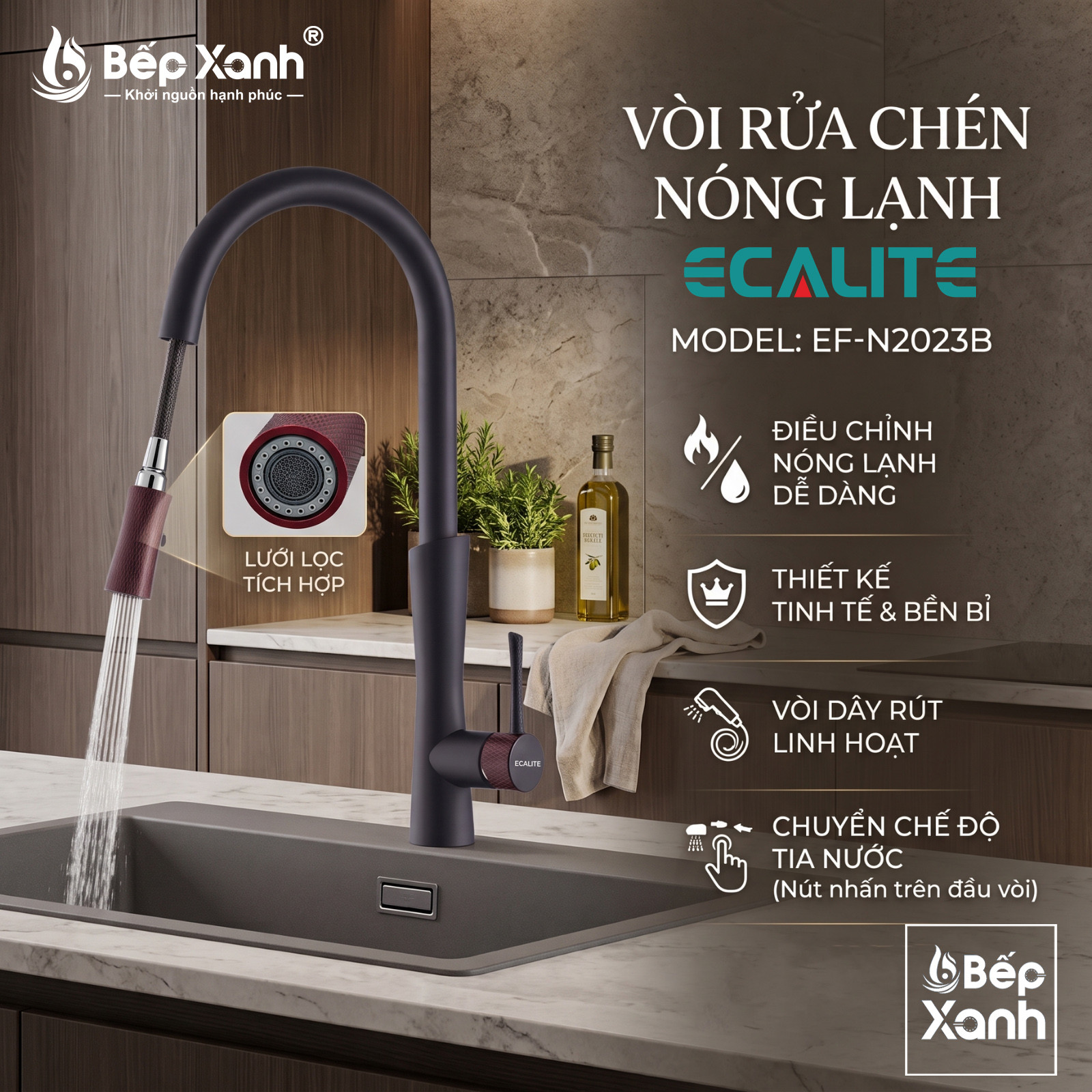 Vòi rửa chén nóng lạnh dây rút E-Signature Ecalite EF-N2023B – ảnh 5