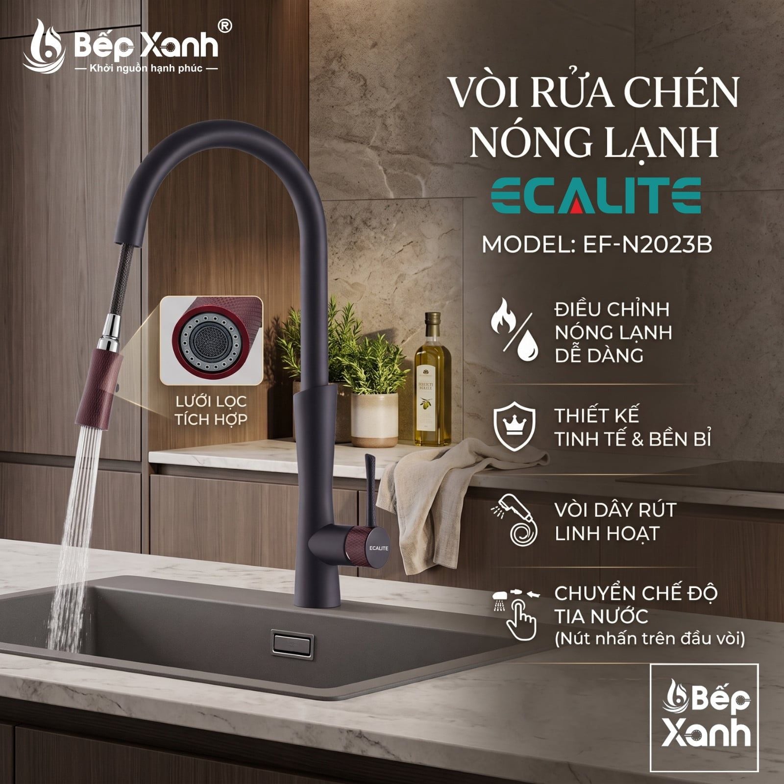 Vòi rửa chén nóng lạnh dây rút Ecalite EF-N2023B chính hãng