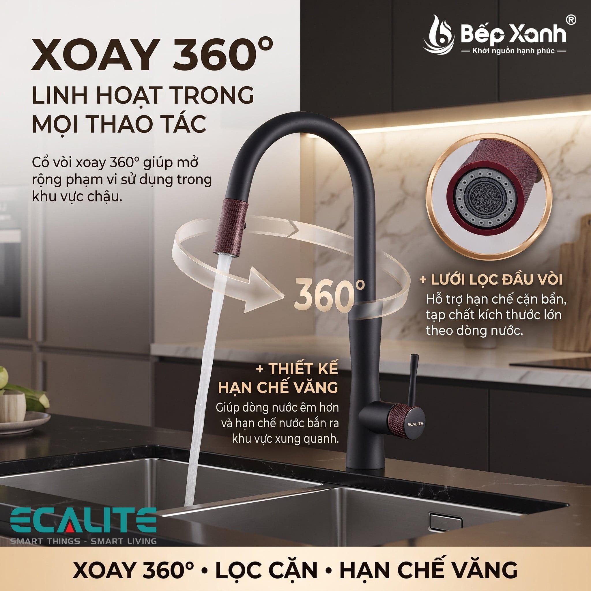 Vòi rửa chén Ecalite EF-N2023B cao 490 mm, lỗ khoét Ø35 mm