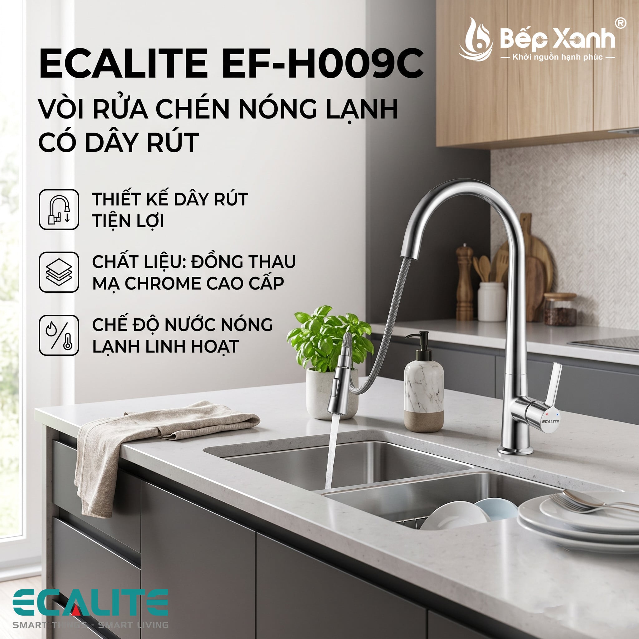 Vòi rửa chén nóng lạnh Kitchen Mixer Ecalite EF-H009C – ảnh 3