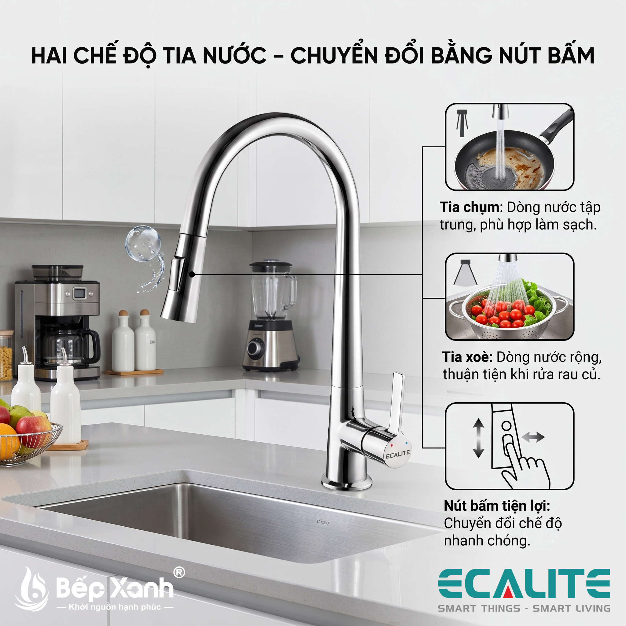 Hai chế độ tia nước vòi rửa chén Ecalite EF-H009C Hai chế độ tia nước vòi rửa chén Ecalite EF-H009C