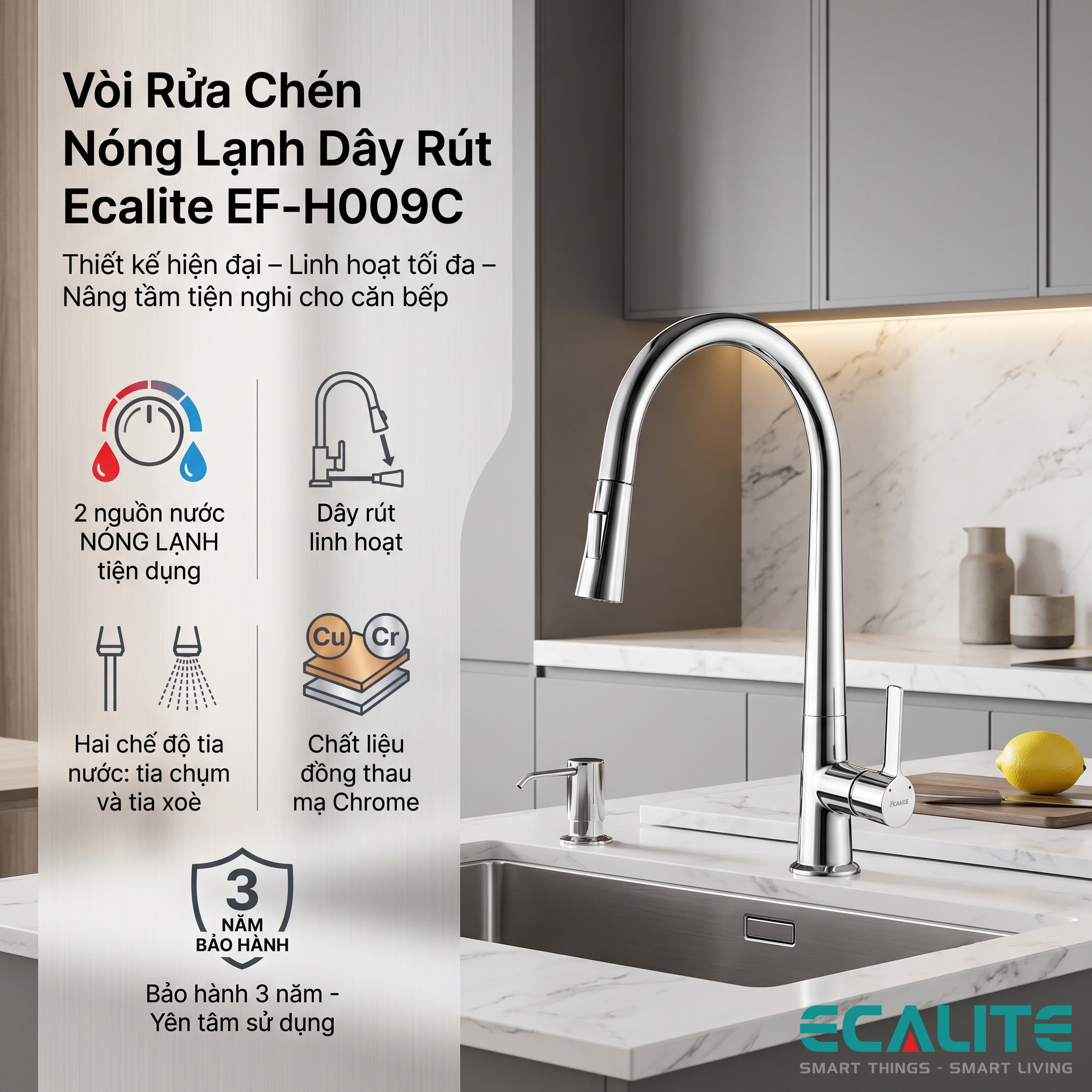 Vòi rửa chén Ecalite EF-H009C lắp trên chậu rửa bếp hiện đại Vòi rửa chén Ecalite EF-H009C lắp trên chậu rửa bếp hiện đại