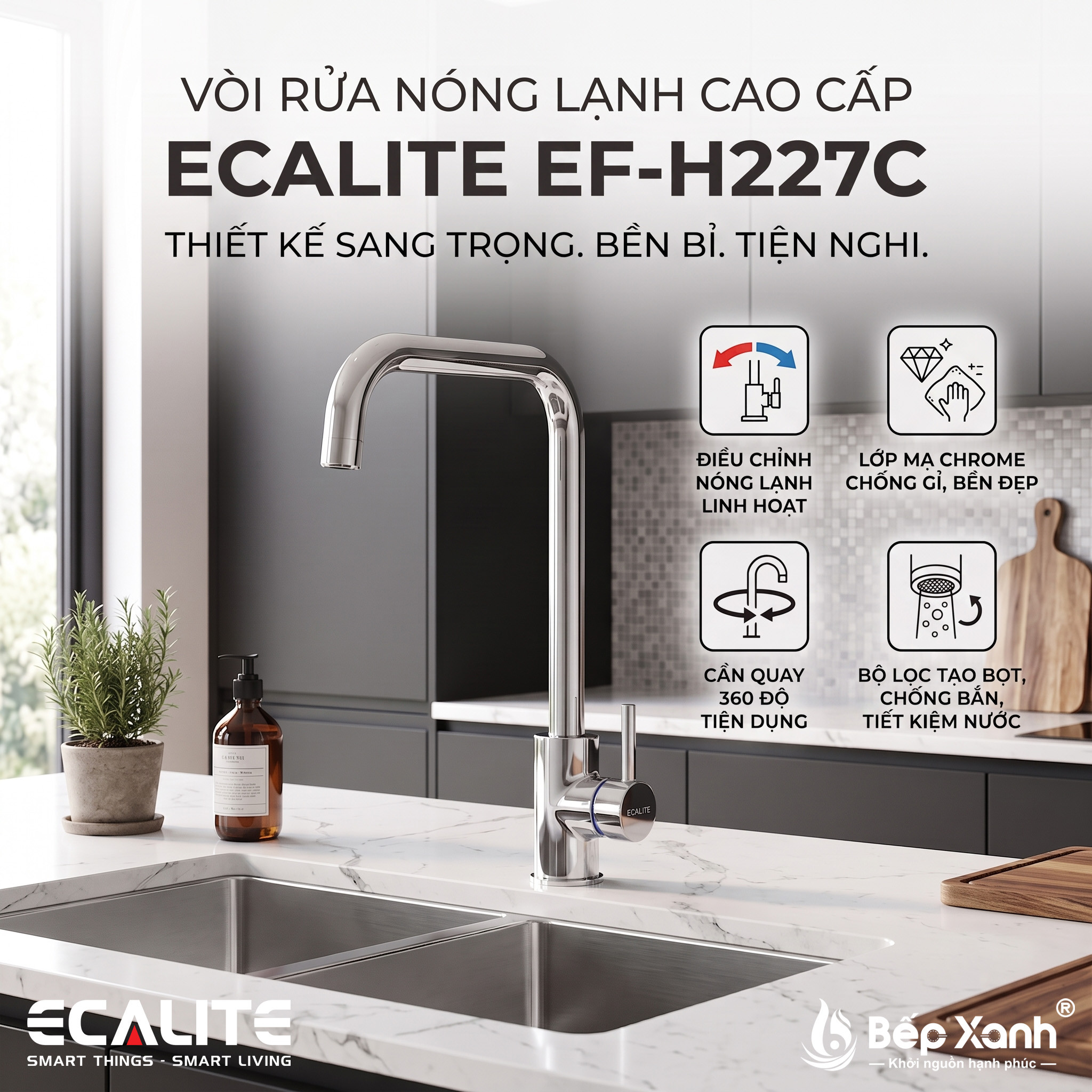 Thiết kế chữ L của vòi rửa chén Ecalite EF-H227C Thiết kế chữ L của vòi rửa chén Ecalite EF-H227C