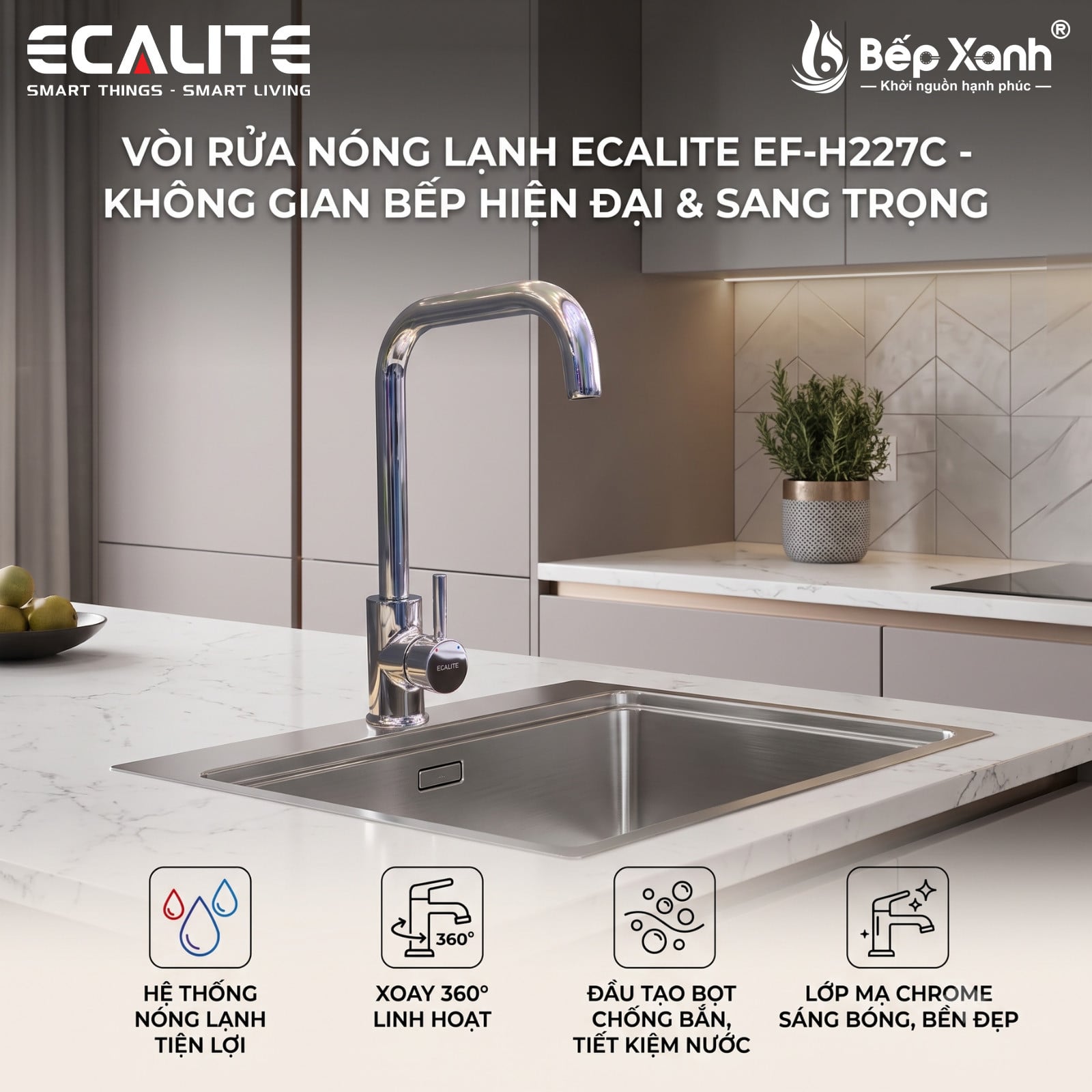 Vòi rửa chén nóng lạnh Kitchen Mixer Ecalite EF-H227C – ảnh 3
