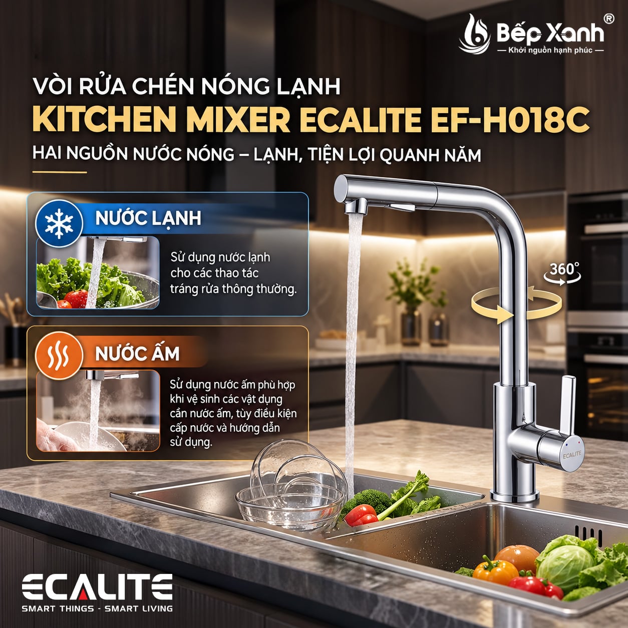 Vòi rửa chén Ecalite EF-H018C dùng hai nguồn nước nóng lạnh Vòi rửa chén Ecalite EF-H018C dùng hai nguồn nước nóng lạnh
