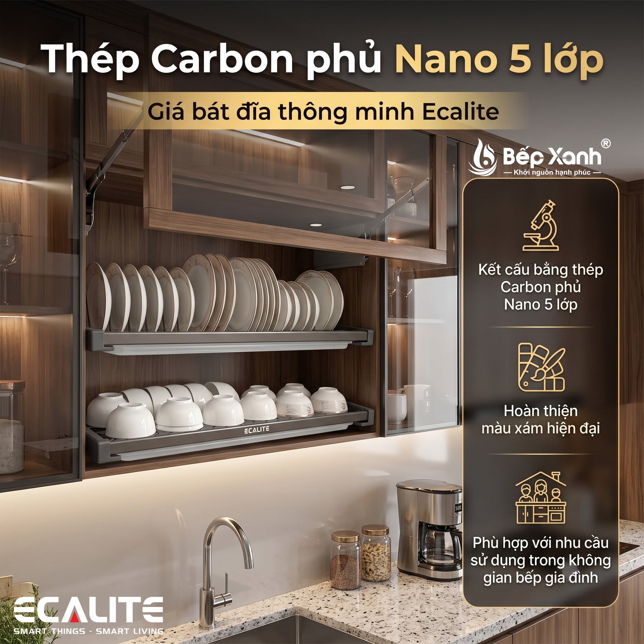 Thép Carbon phủ Nano 5 lớp kệ chén cố định Ecalite màu xám Thép Carbon phủ Nano 5 lớp kệ chén cố định Ecalite màu xám