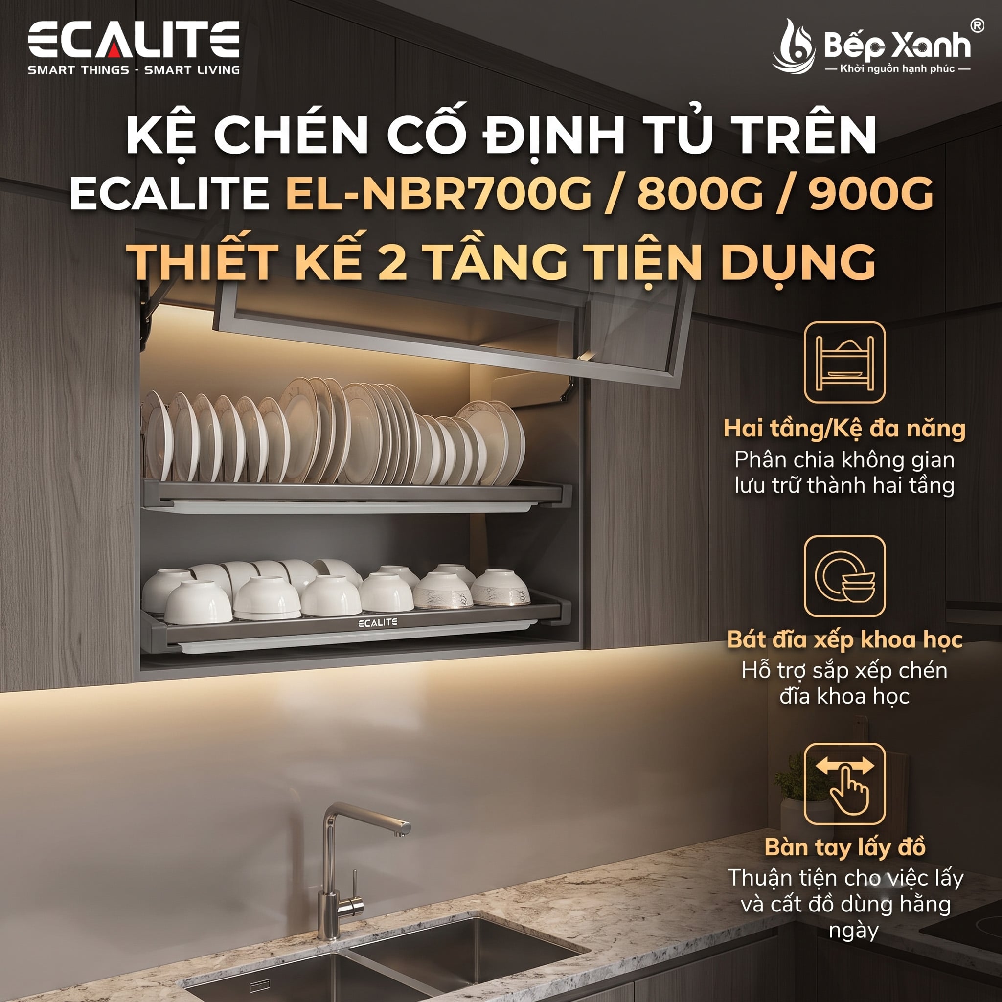 Kệ chén cố định tủ trên, nan Oval N-Series Bowl-Rack Ecalite EL-NBR900G – ảnh 2