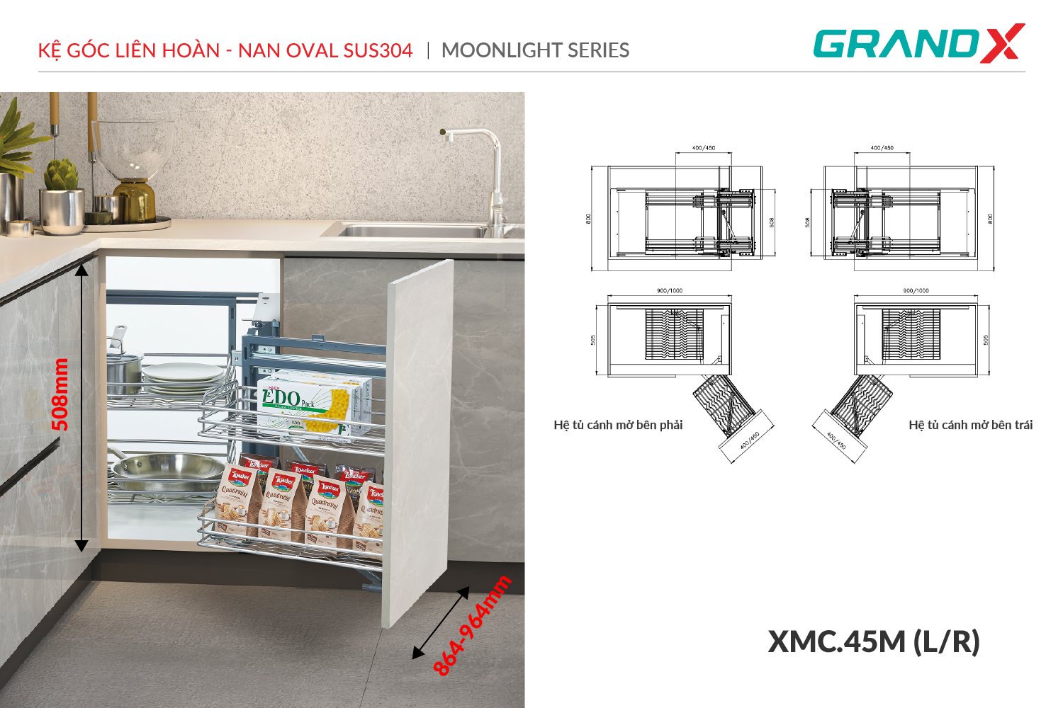 Kệ góc liên hoàn - nan Oval SUS304 GrandX XMC.45M(L/R)