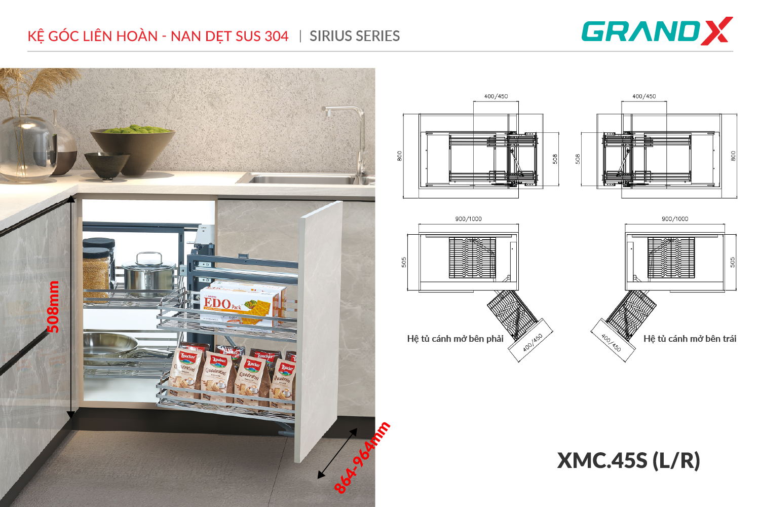 Kệ góc liên hoàn - nan dẹt SUS304 GrandX XMC.45S1 (l/r)