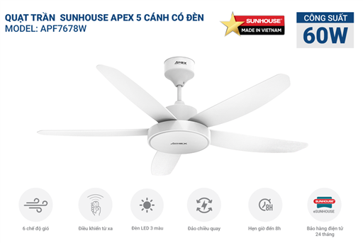 Quạt trần 5 cánh có đèn Sunhouse apex APF7678W – ảnh 6