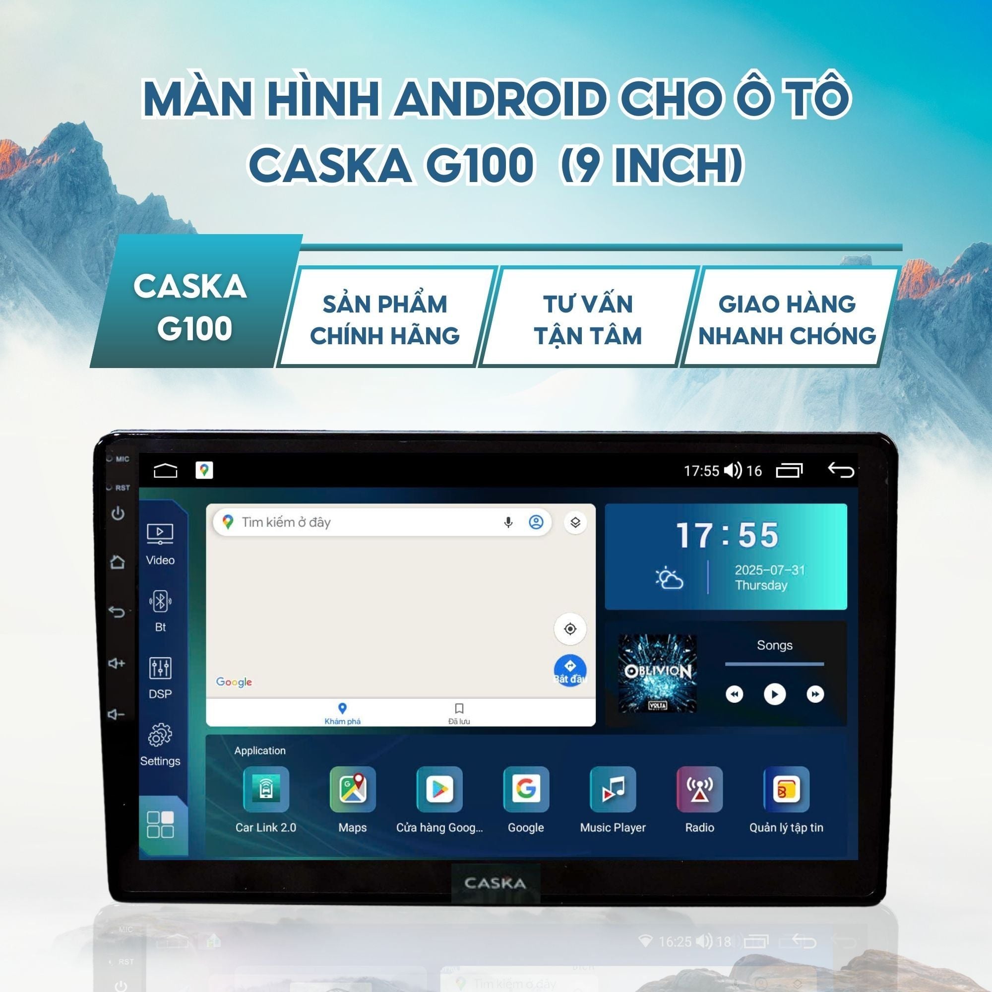  Màn Hình Android Cho Ô Tô Caska G100, 9 Inch, Ram 2G 32G Chip Xử Lý Mạnh Mẽ Mượt Mà Có Quạt Tản Nhiệt 