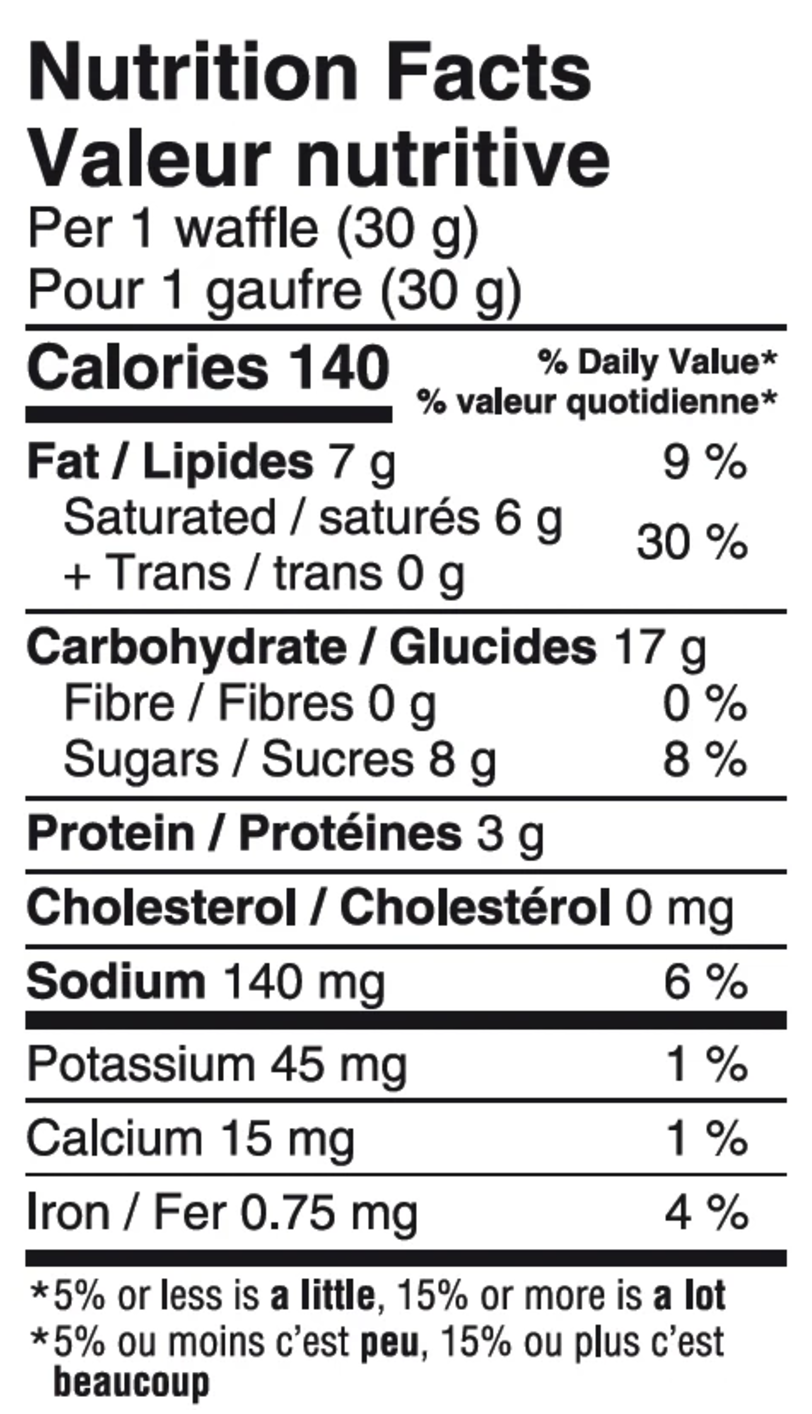 Bảng thành phần dinh dưỡng bánh Naak Waffle 30grm Chocolate