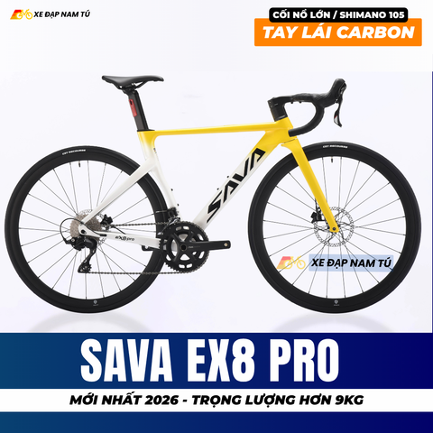  Xe Đạp Đua SAVA EX8 PRO 2026 - Khung Nhôm Cao Cấp hơn 9kg, Shimano 105 R7100, Phanh Dầu Thủy Lực 