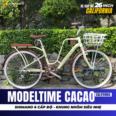  XE ĐẠP NỮ CALIFORNIA MODELTIME CACAO, BÁNH 26 IN, KHUNG NHÔM, KÈM RỔ VÀ BAGA SAU 