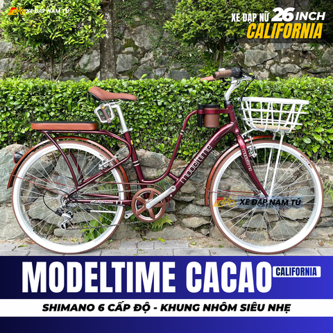  XE ĐẠP NỮ CALIFORNIA MODELTIME CACAO, BÁNH 26 IN, KHUNG NHÔM, KÈM RỔ VÀ BAGA SAU 